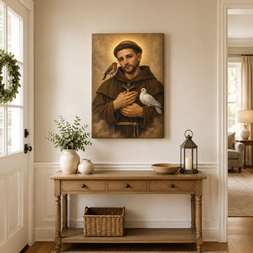 Saint Francis of Assisi with Birds Canvas Print, Catholic Saint Wall Art, Peaceful Faith Home Decor Gift