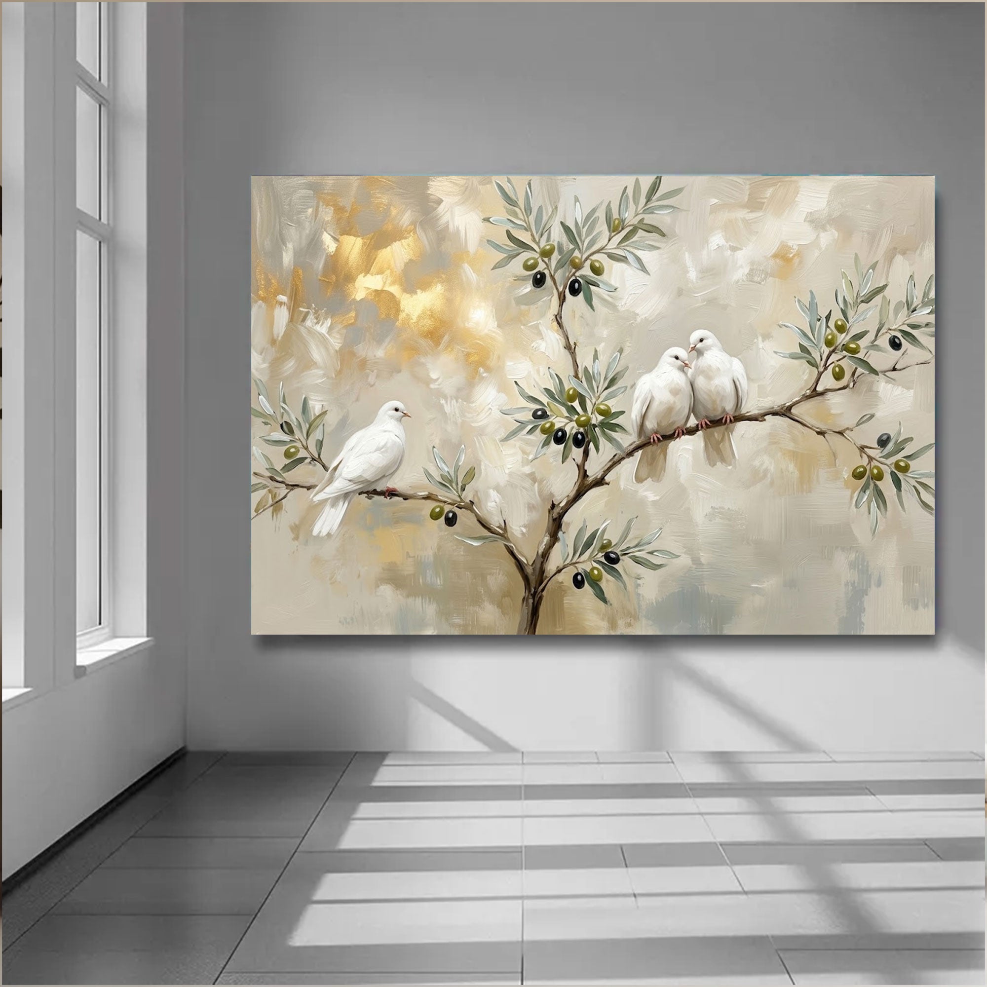 Olive Branch Dove Canvas Print, Symbol of Peace Wall Art, Neutral Bird Painting, Calm Minimalist Home Decor