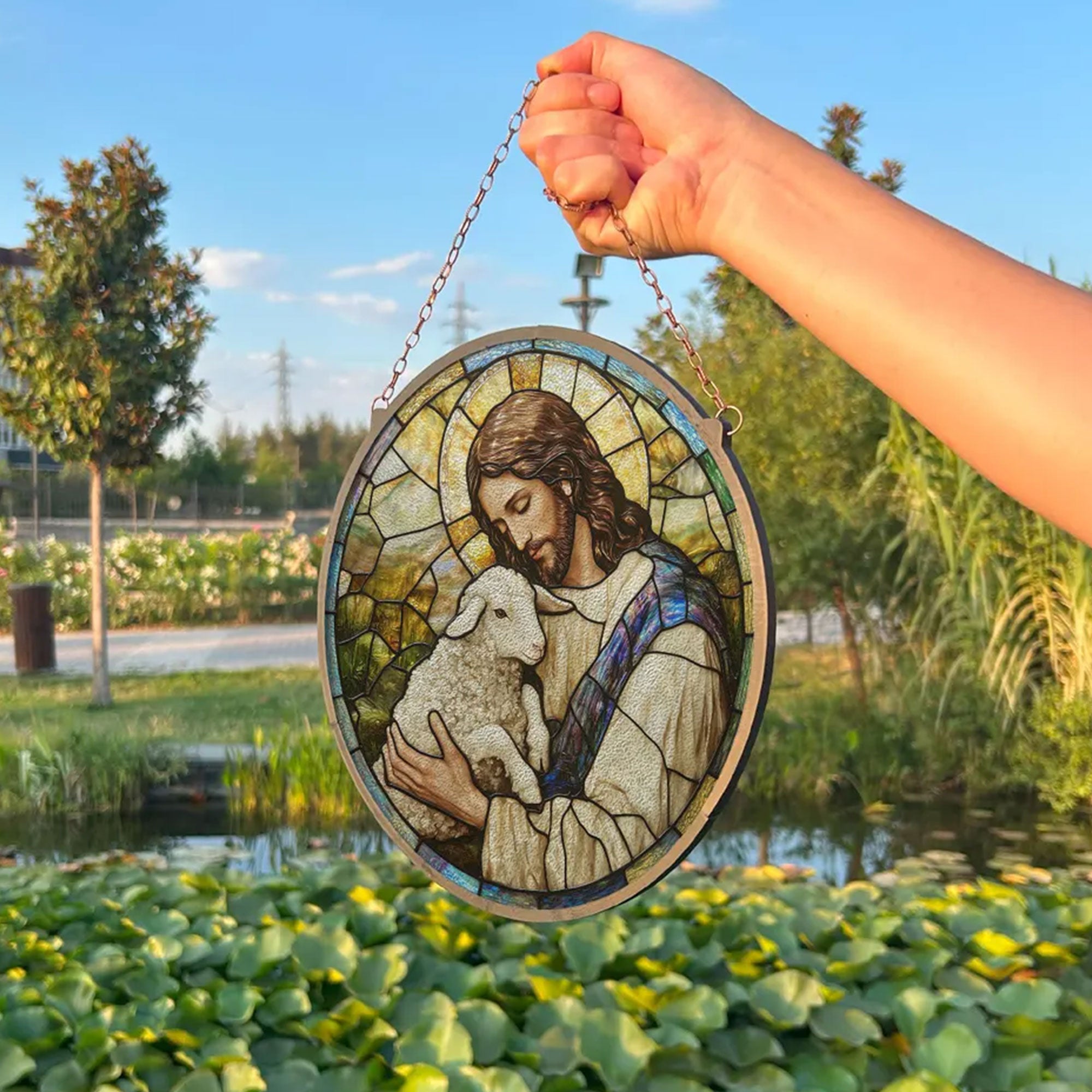 Jesus Holding Lamb Stained Glass Suncatcher, Christian Window Hanging Decor, Faith Wall Art, Religious Home Ornament