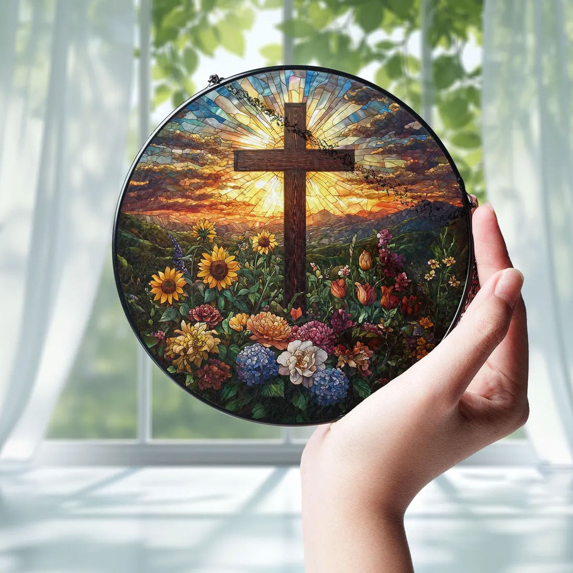 Stained Glass Cross Suncatcher with Wildflowers and Sunset, Christian Window Hanging Decor, Religious Faith Gift
