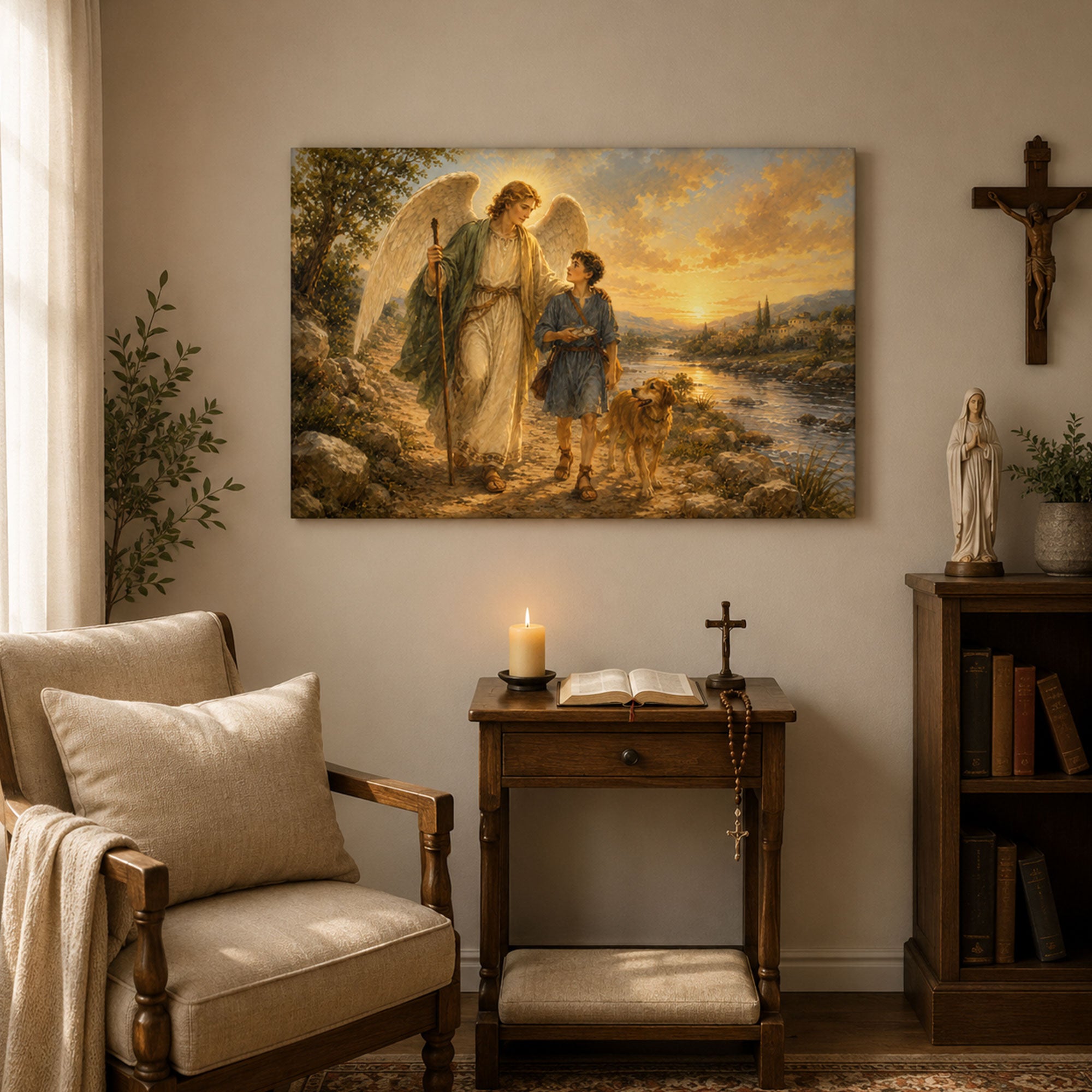 Guardian Angel with Child Canvas Print, Christian Angel Wall Art, Faith Home Decor Gift