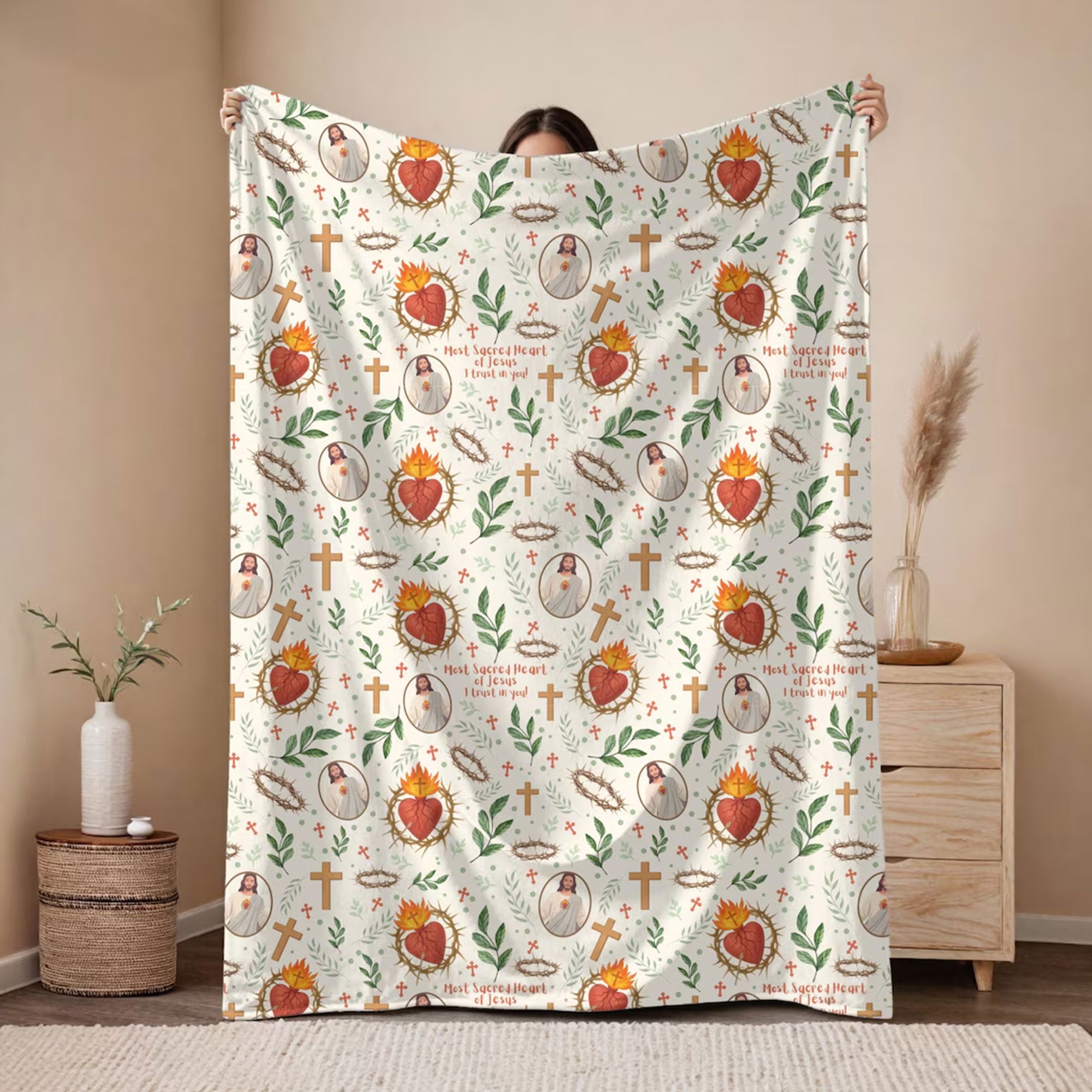 Sacred Heart of Jesus Fleece Blanket, Catholic Faith Throw, Jesus I Trust in You Gift