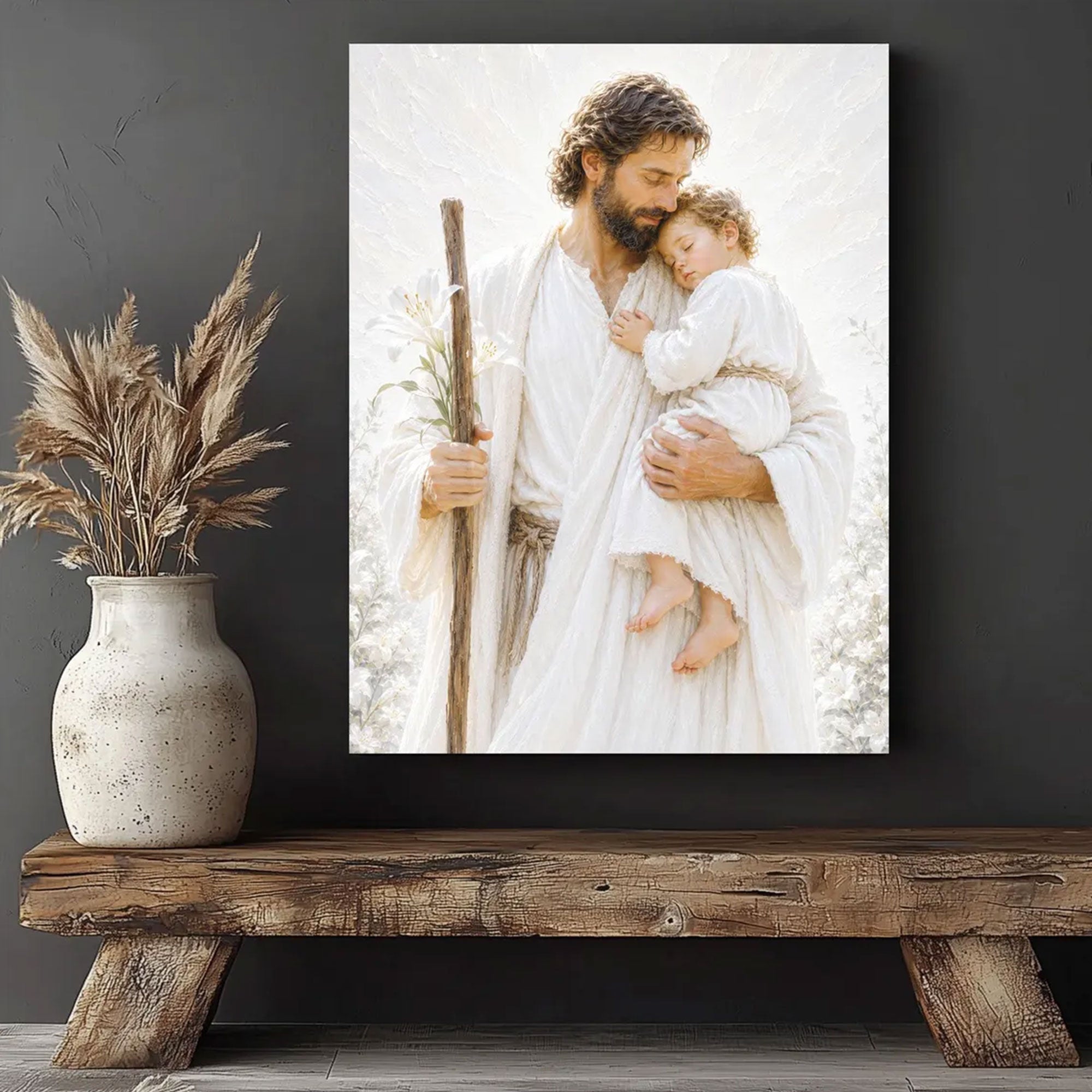 Saint Joseph Holding Baby Jesus Canvas Print, Christian Fatherly Love Wall Art, Peaceful Catholic Home Decor