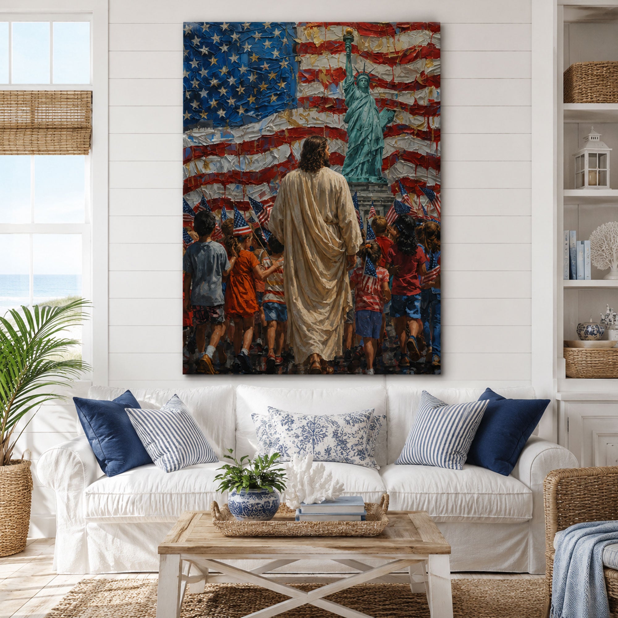 Patriotic Jesus and America Canvas Print, Christian USA Wall Art, Freedom Faith Home Decor