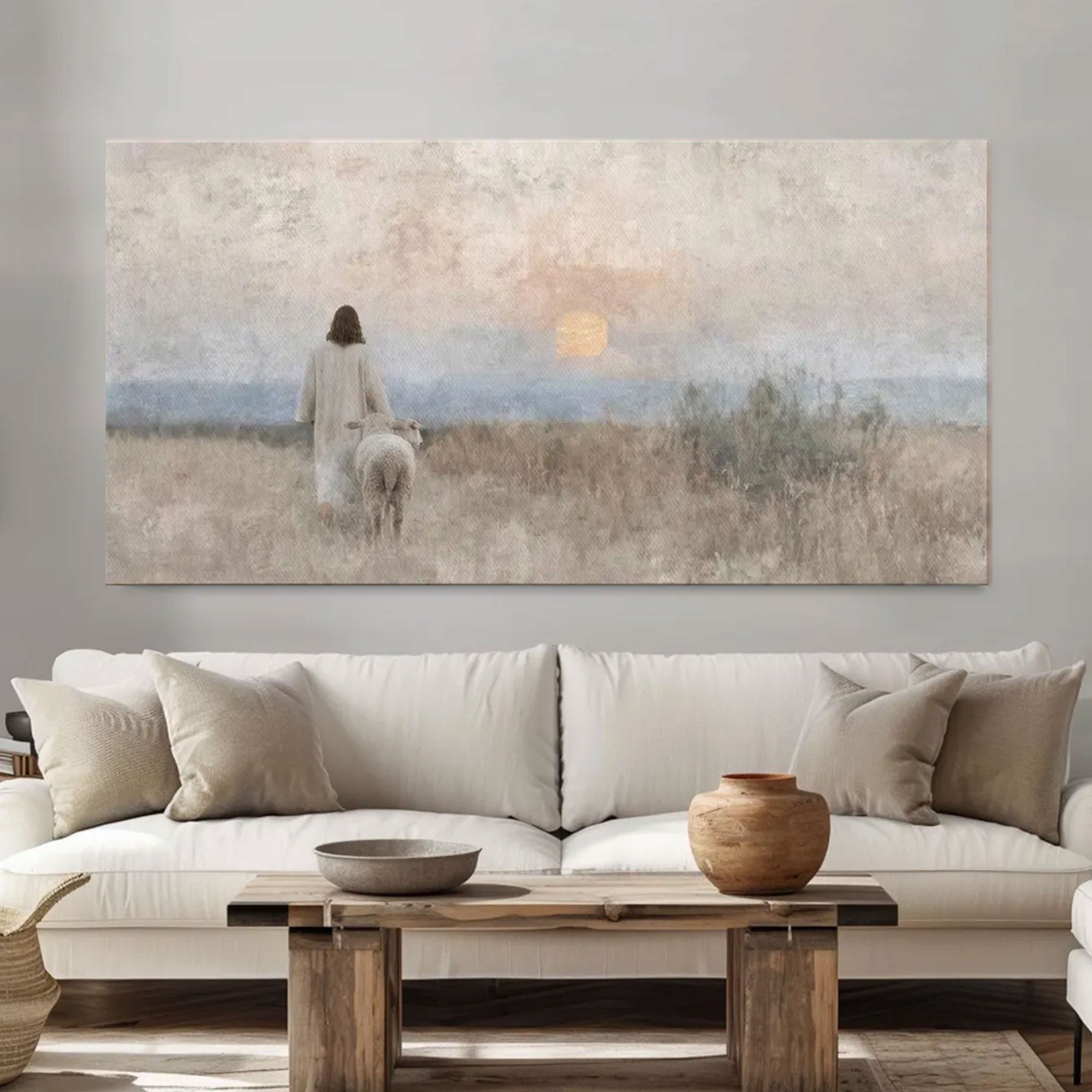 Sunset Shepherd Framed Canvas Print, Christian Wall Art, Jesus Shepherd Artwork, Religious Home Decor, Christmas Gift