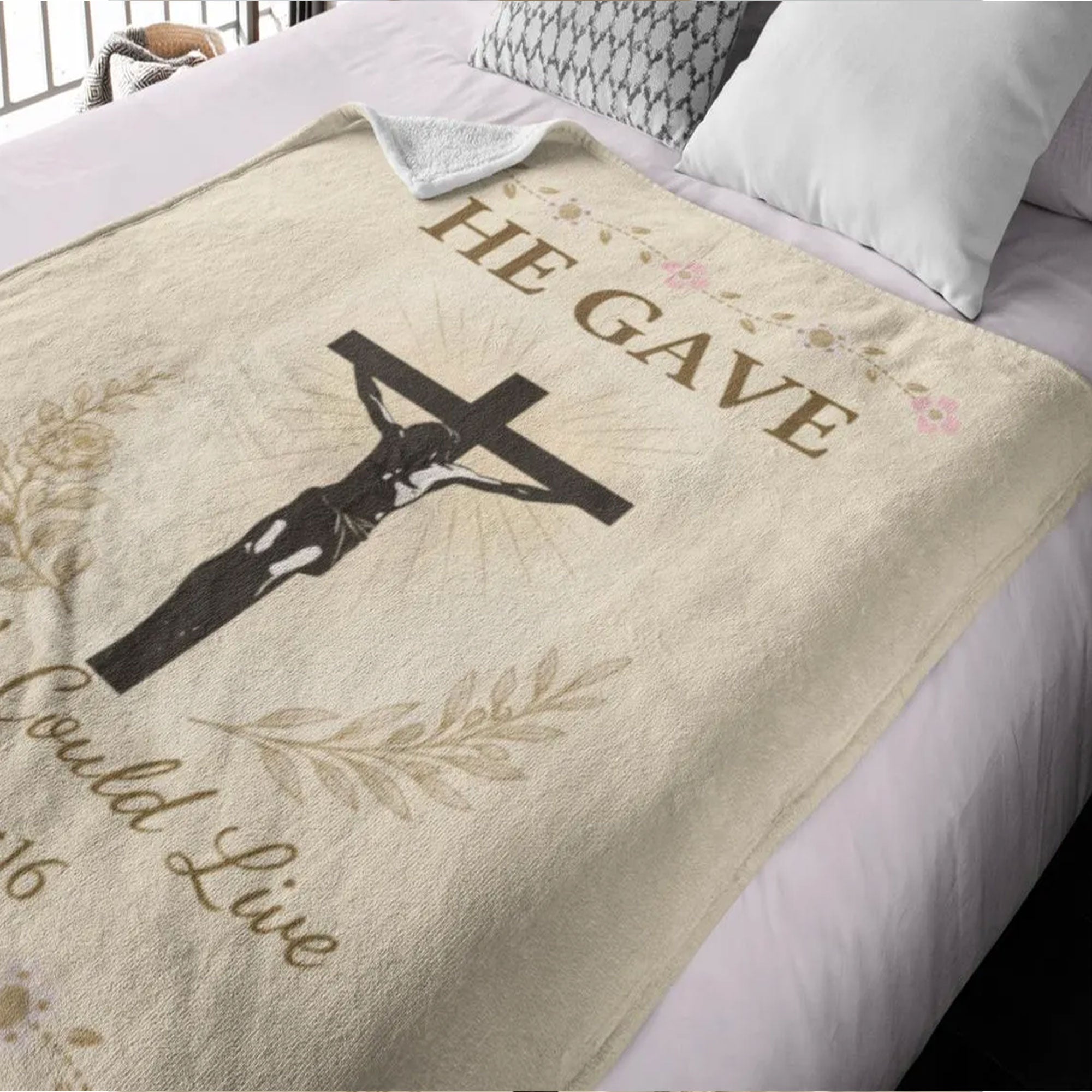 Christian Fleece Blanket, Jesus Crucifixion Throw, He Gave So We Could Live Scripture Blanket, Faith Gift for Mom, Grandma, Bible Verse Gift