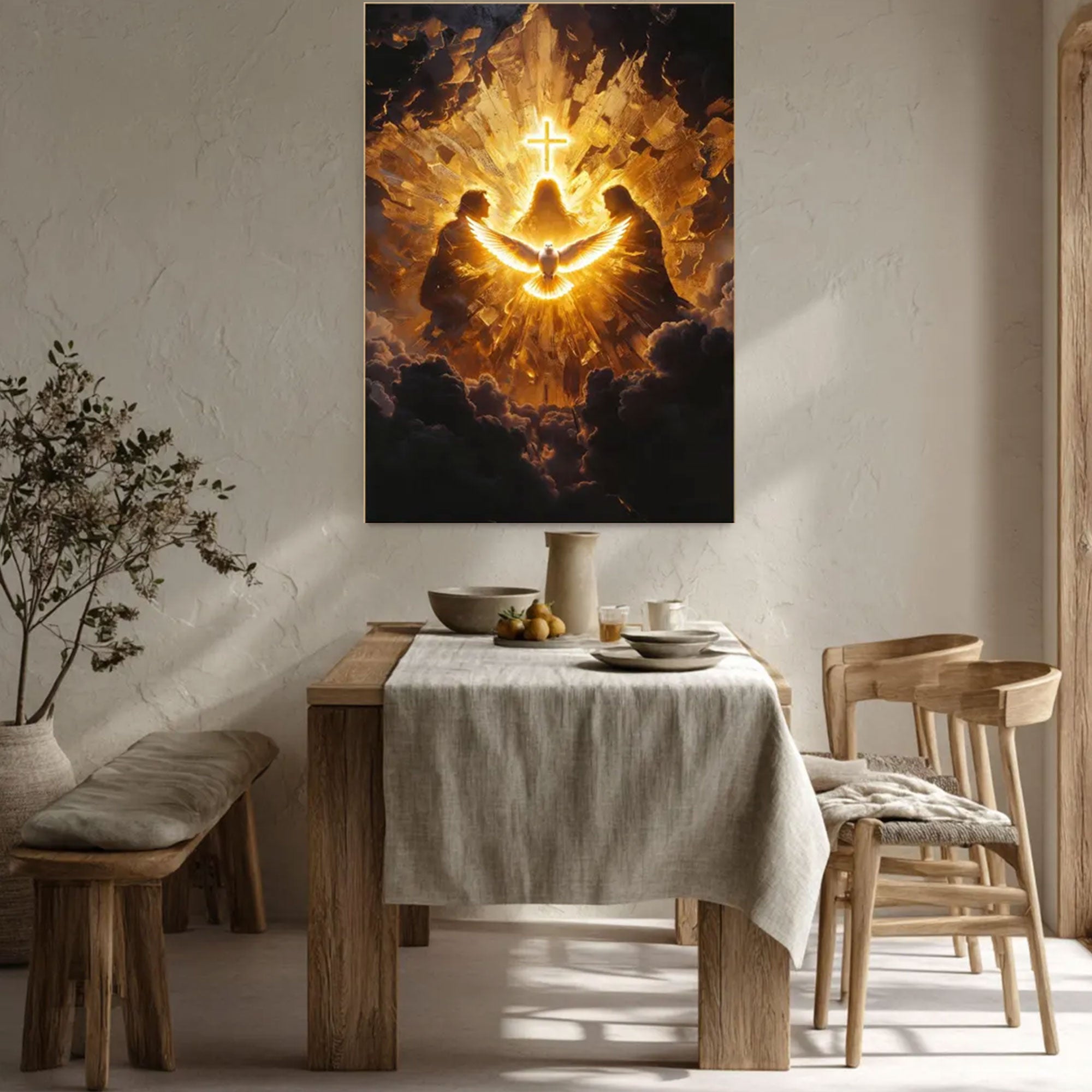 Radiant Holy Spirit Canvas Print, Illuminated Dove with Cross Wall Art, Symbol of Divine Presence and Light, Christian Religious Decor, Inspirational Faith Gift