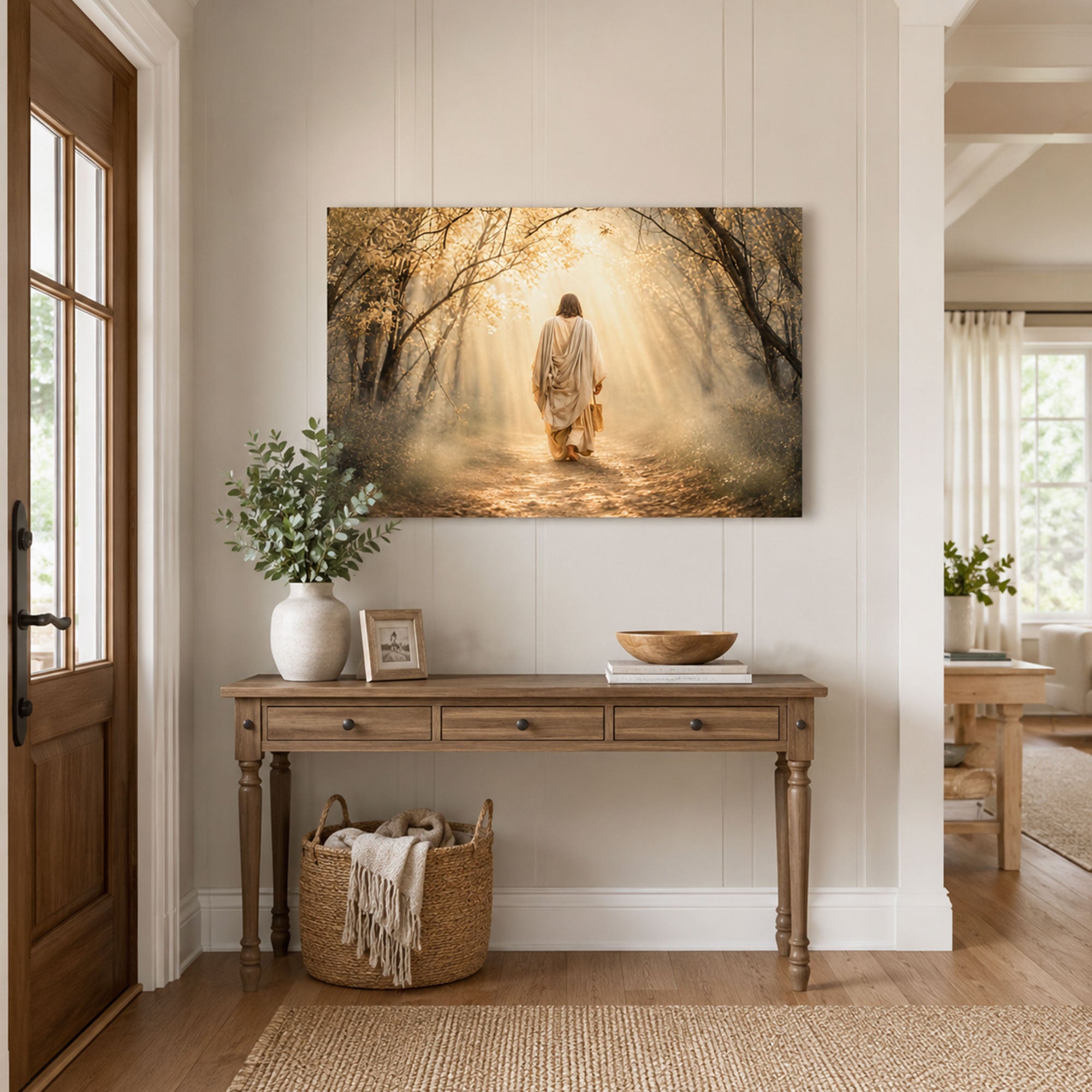 Christ on the Golden Woodland Path Canvas Print, Peaceful Christian Faith Decor