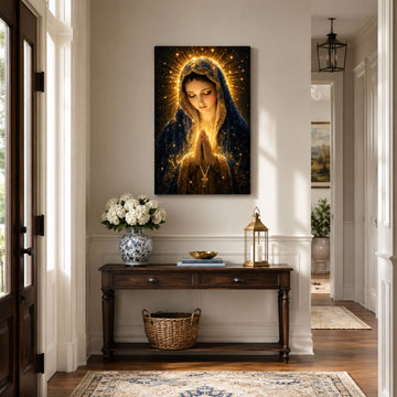 Blessed Virgin Mary Praying Canvas Print, Blue and Gold Catholic Marian Wall Art, Faith Home Decor Gift