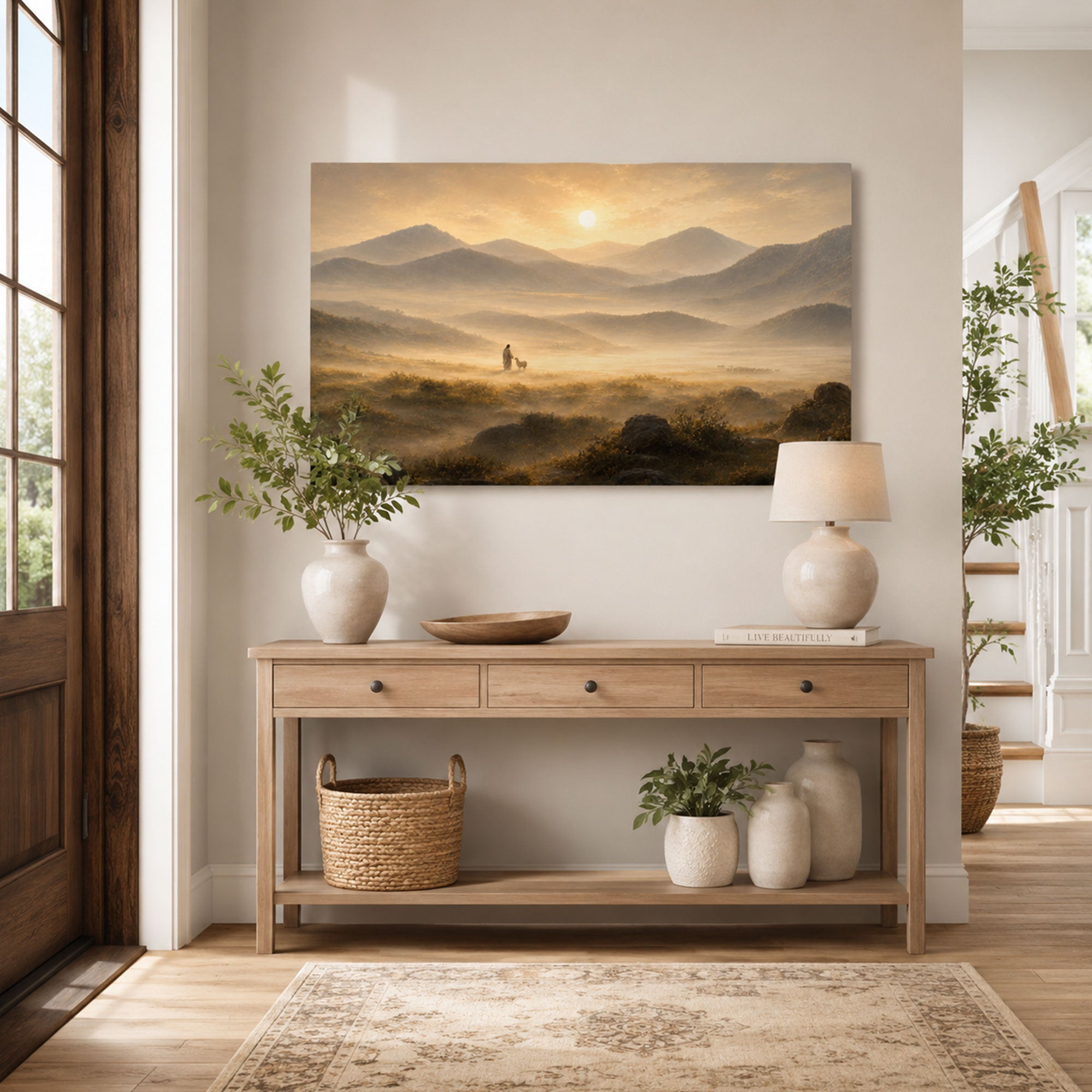 Good Shepherd in the Mountain Valley Canvas Print, Christian Home Decor