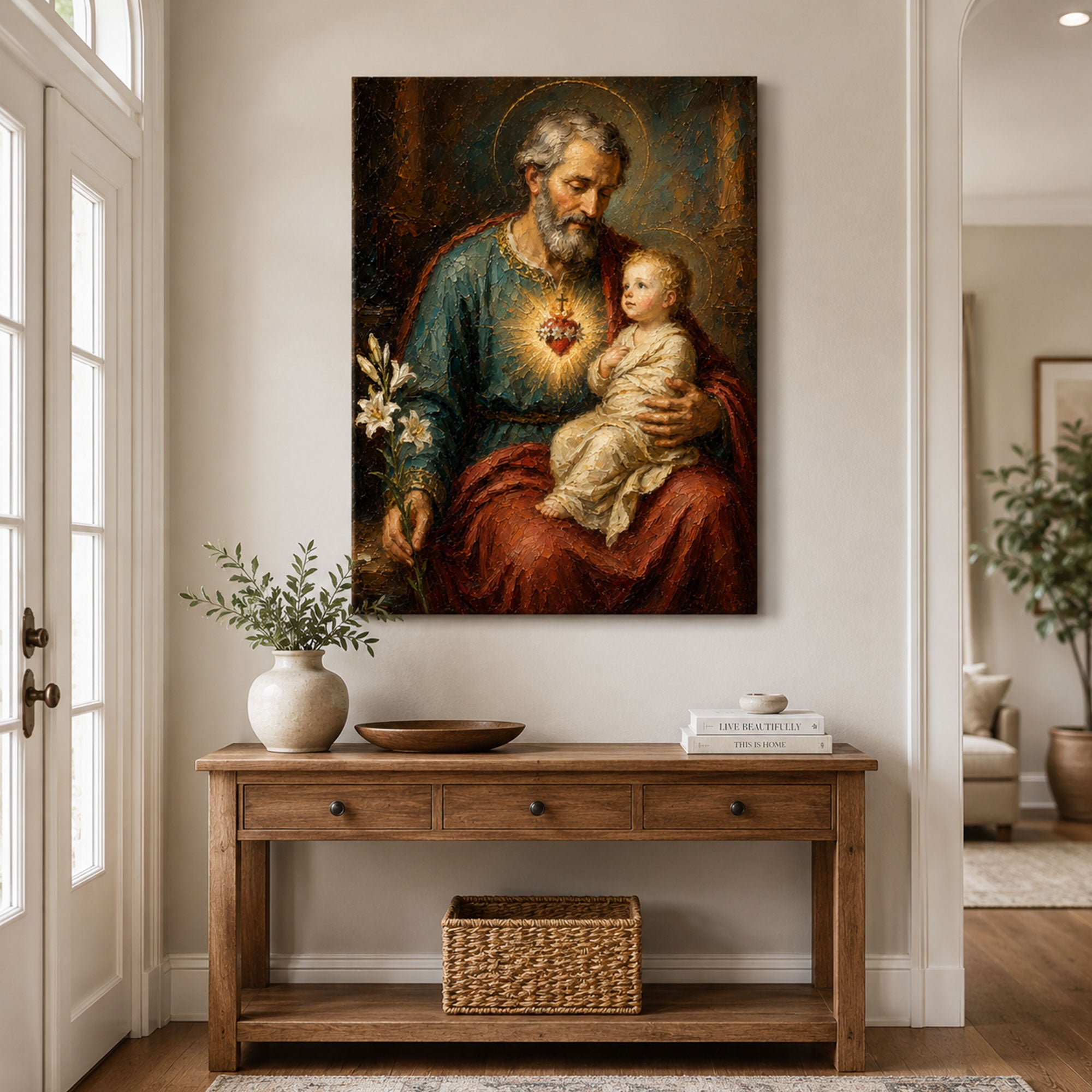 St. Joseph and Child Jesus Canvas Print, Sacred Heart Catholic Wall Art, Patron of Families Home Decor