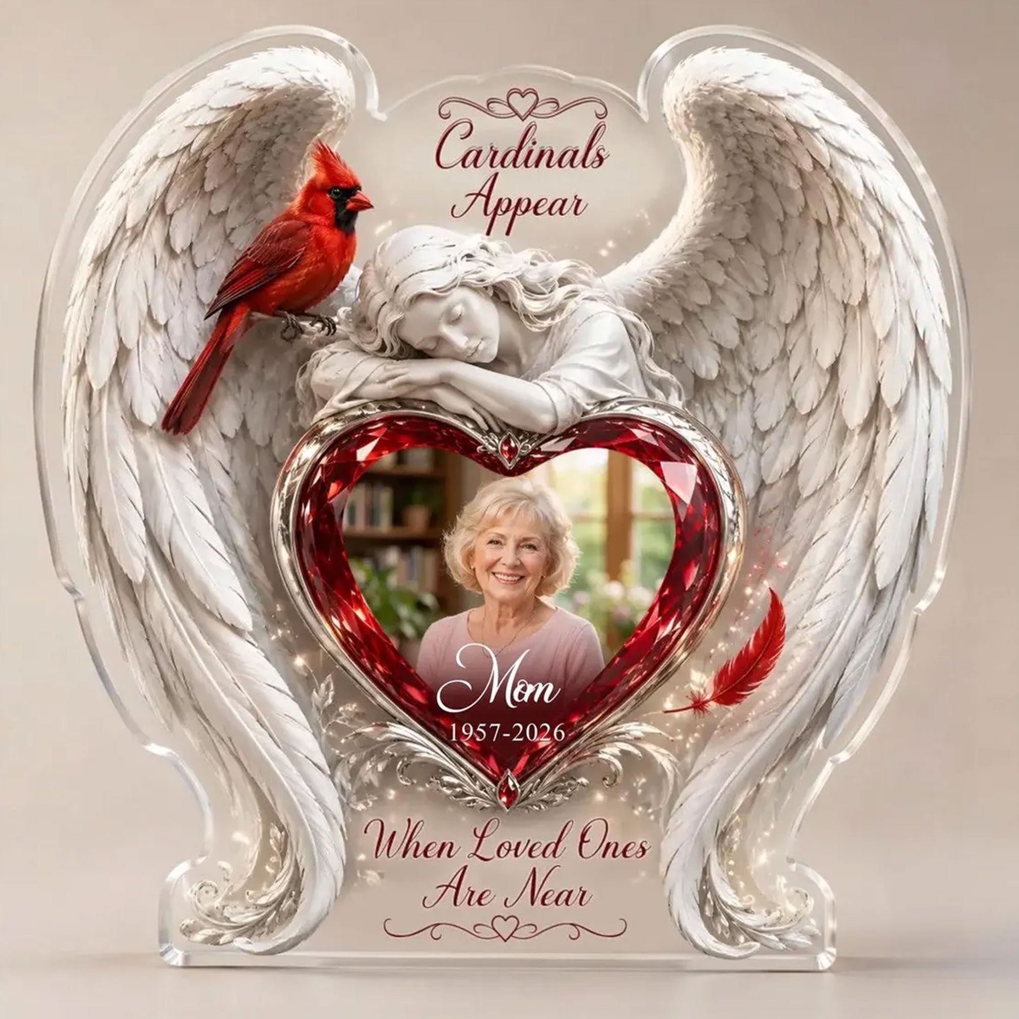 Personalized Cardinal Memorial Acrylic Desk Plaque, When Loved Ones Are Near, Angel Wings Photo Keepsake