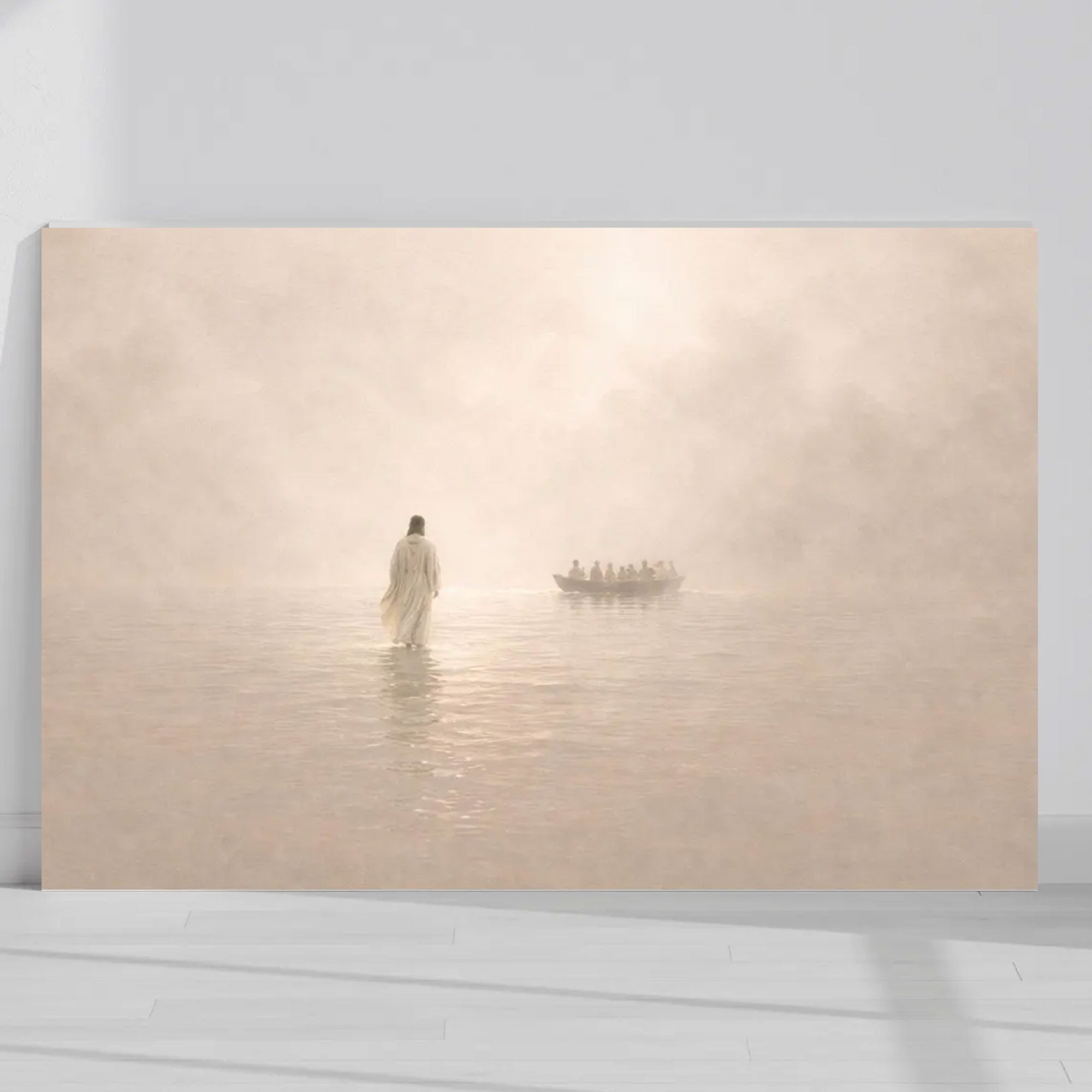 Jesus Walking on Water Large Canvas Print, Minimalist Christian Wall Art, Modern Neutral Faith Home Decor