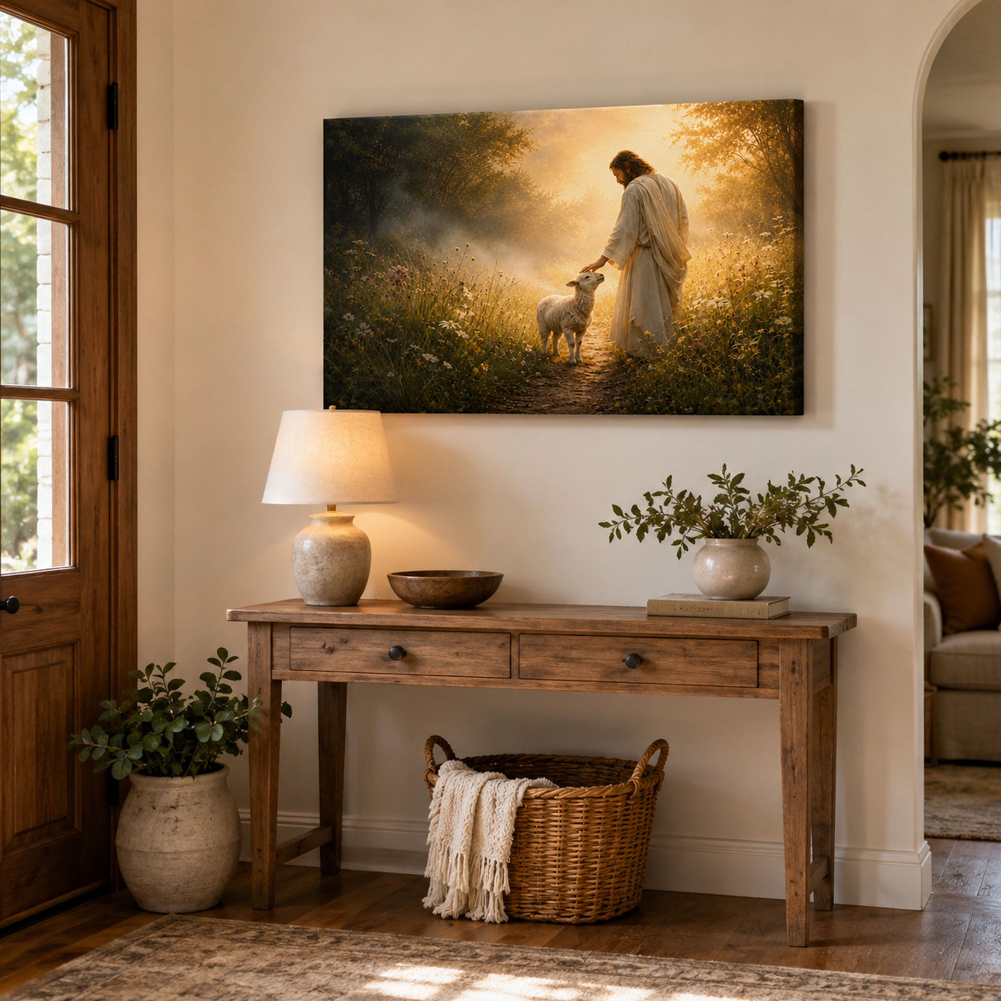 Good Shepherd with Lamb Panoramic Canvas Print, Jesus Christian Wall Art, Faith Home Decor Gift