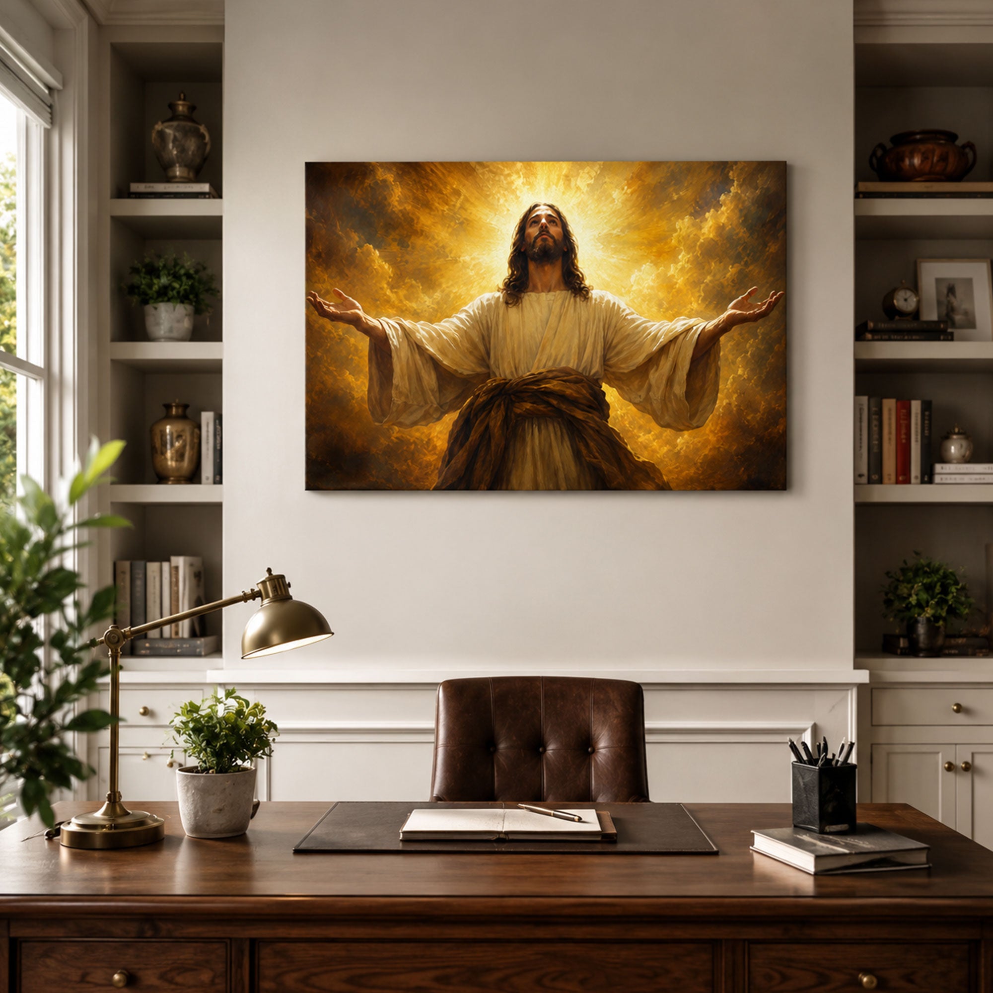 Jesus Christ in Glory Canvas Print, Open Arms Christian Wall Art, Golden Light Faith Home Decor Gift