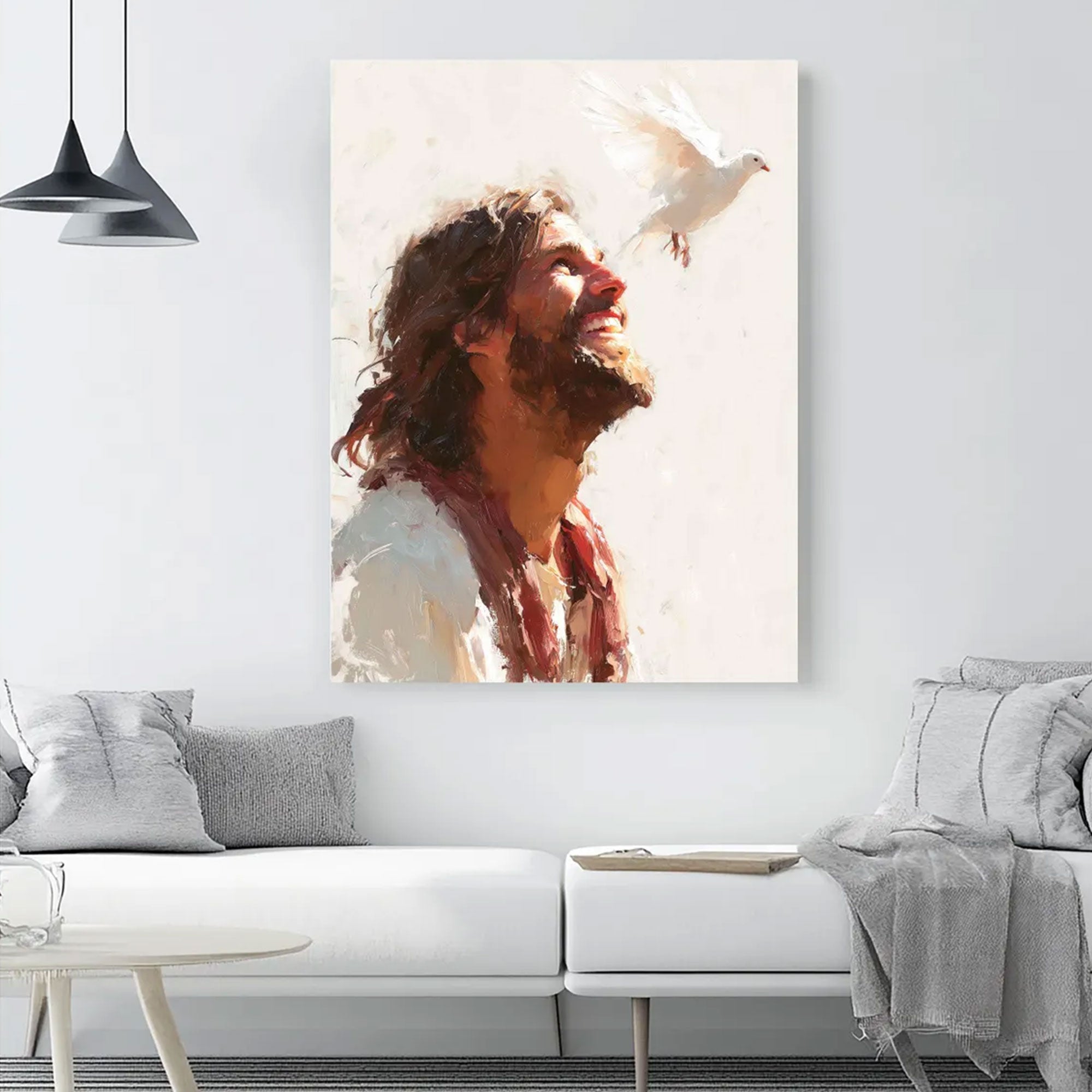 Jesus With Dove Canvas Print, Holy Spirit Christian Wall Art, Peaceful Savior Faith Decor