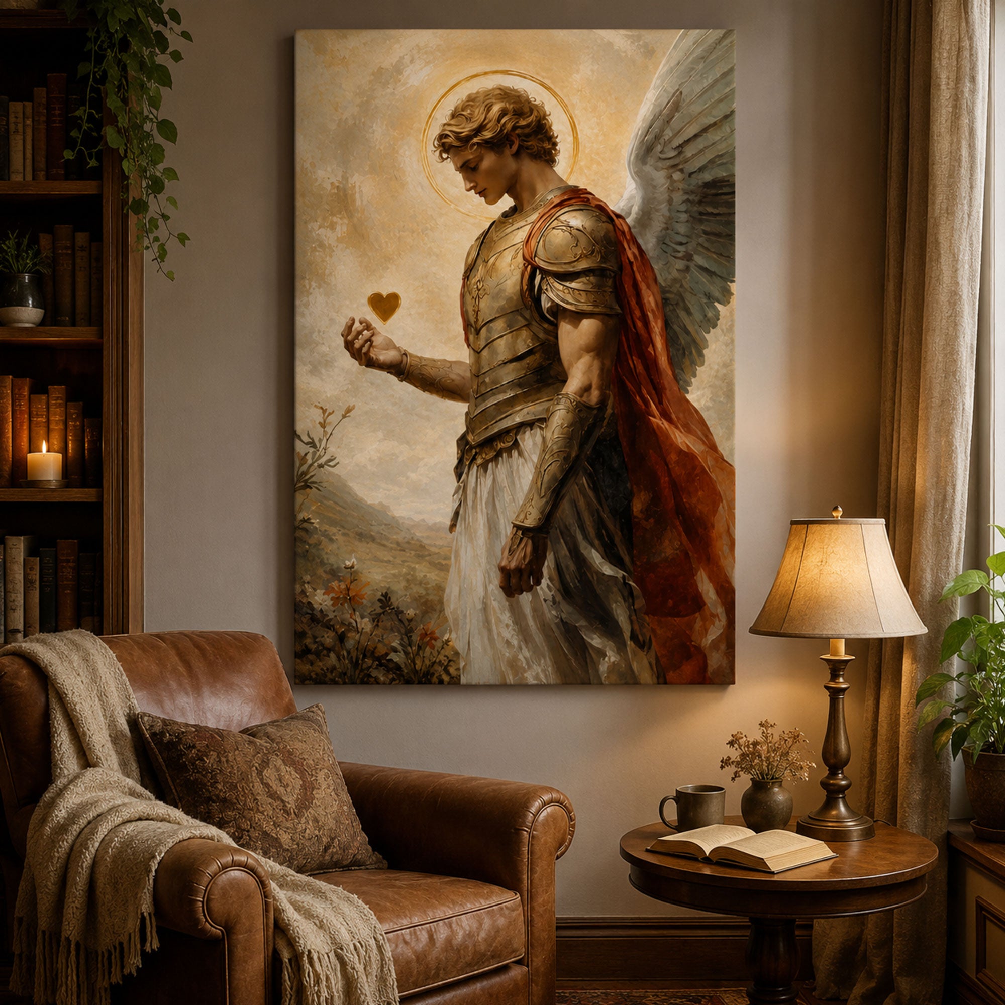 Archangel Holding Golden Heart Canvas Print, Catholic Christian Wall Art, Heavenly Faith Home Decor