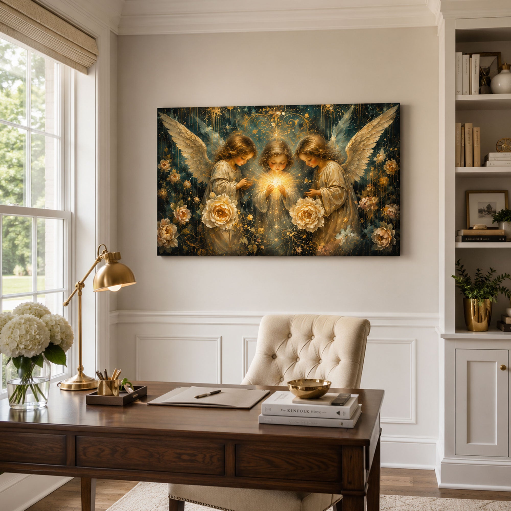 Three Angels of Light Canvas Print, Christian Angel Wall Art, White Rose Faith Home Decor Gift