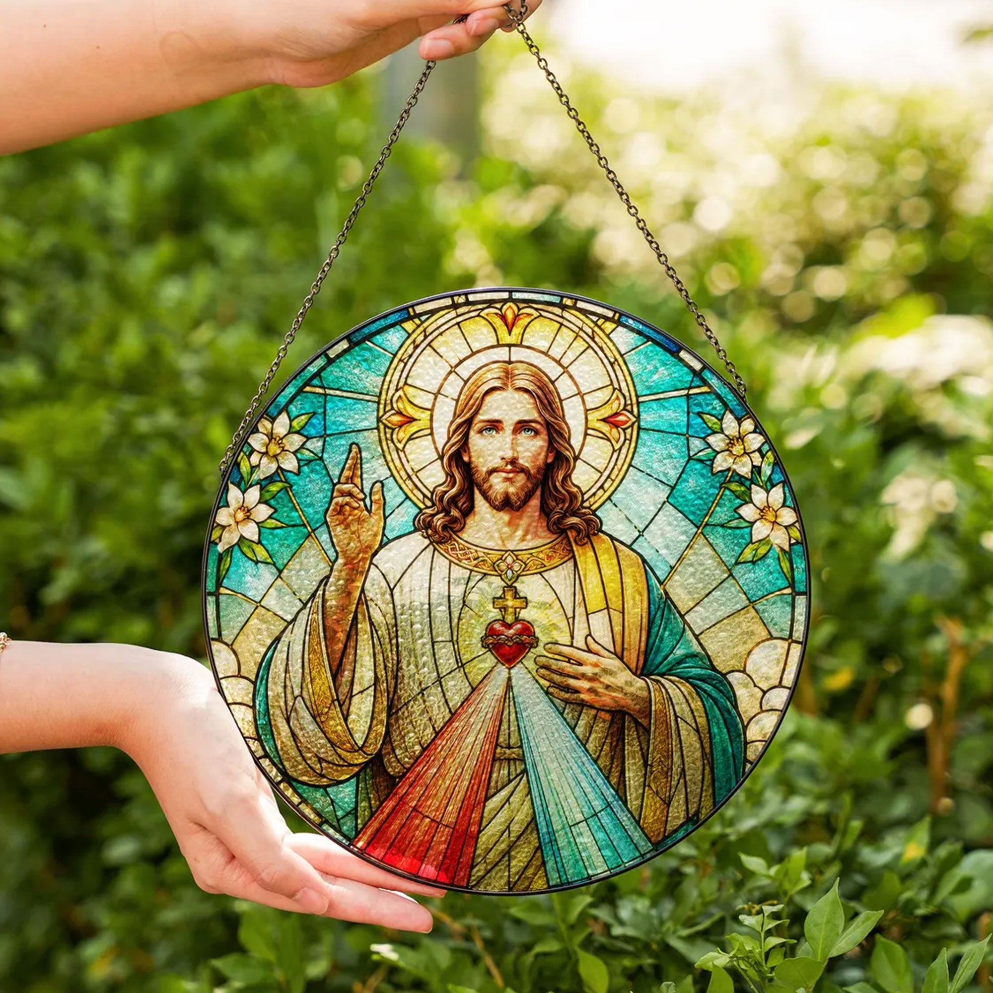 Divine Mercy Jesus Suncatcher, Sacred Heart Catholic Window Hanging, Christian Faith Gift