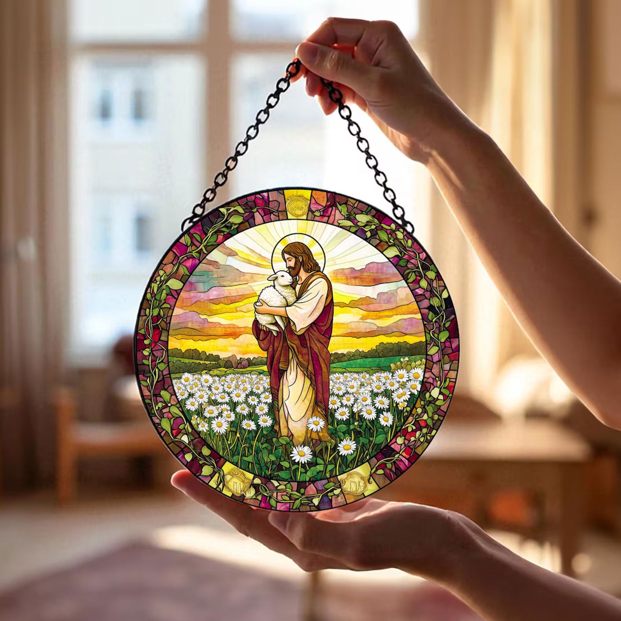 Jesus Holding Lamb Stained Glass Suncatcher, Golden Field Window Hanging, Christian Decor Gift