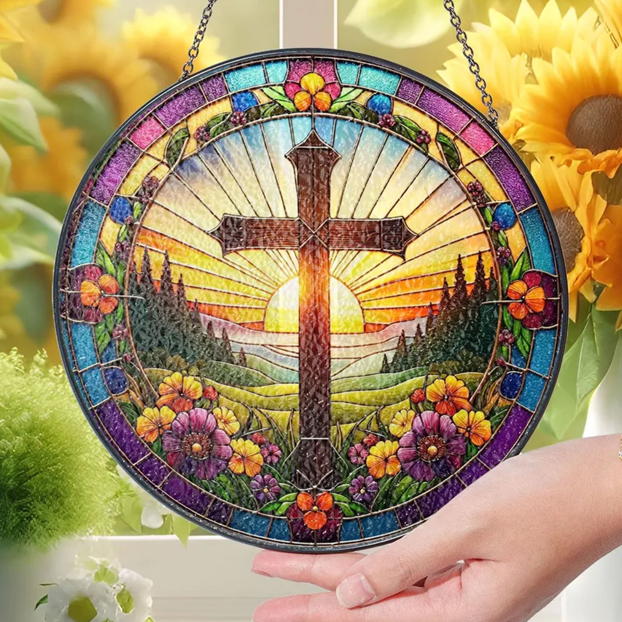 Christian Cross Stained Glass Suncatcher, Floral Window Hanging Decor, Religious Home Decor, Memorial Gift