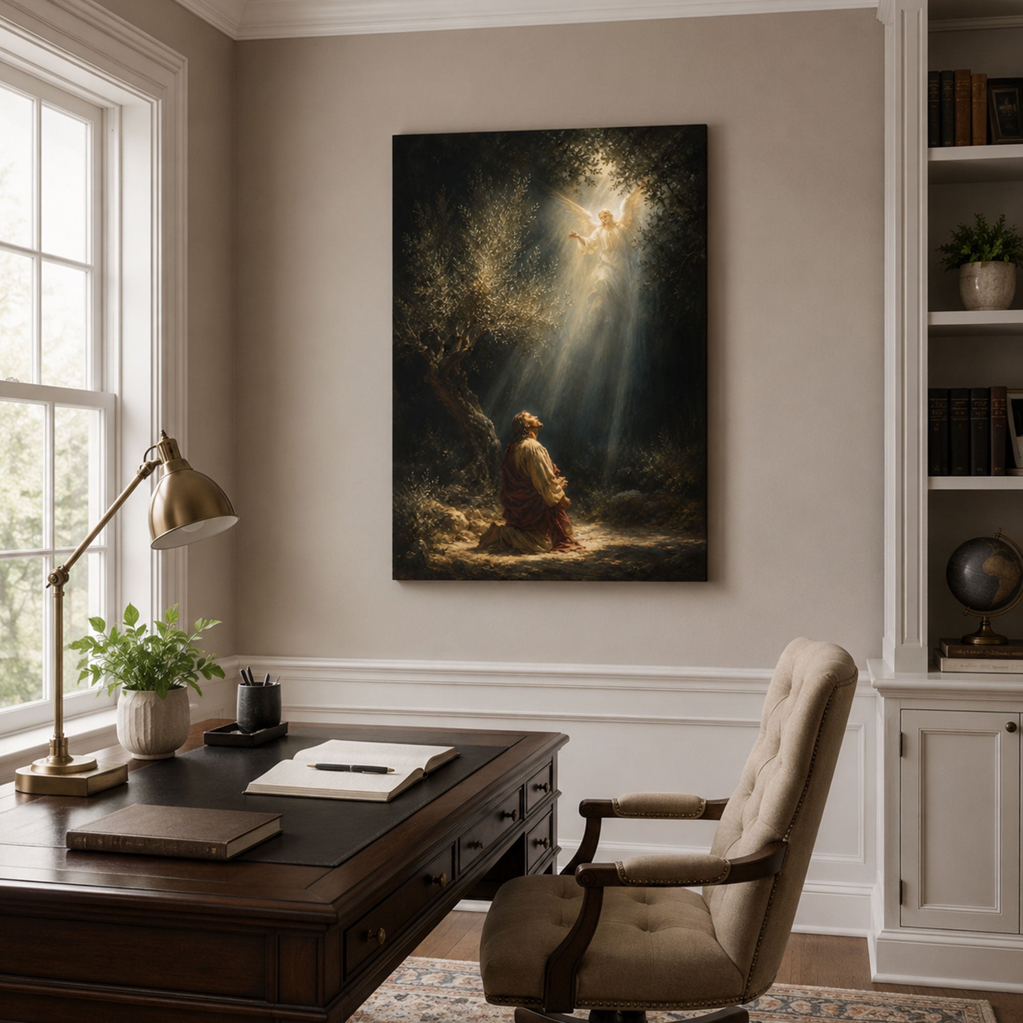 Jesus Praying in Gethsemane with Angel Canvas Print, Catholic Garden of Gethsemane Wall Art, Faith Home Decor Gift