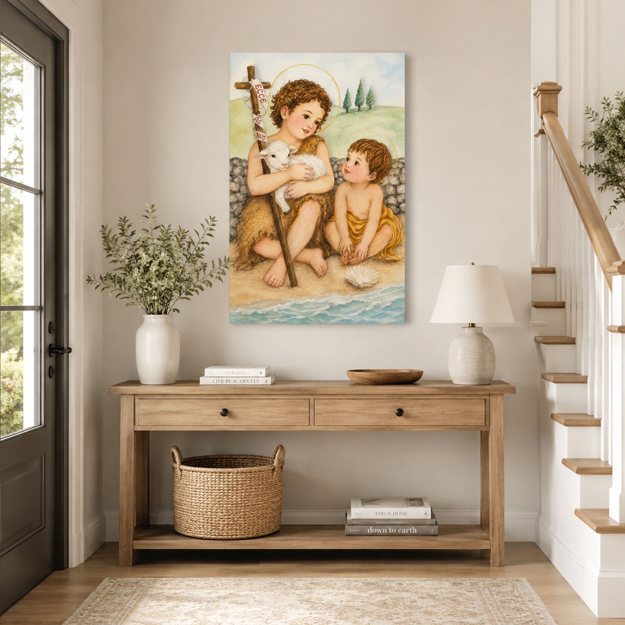 Child Jesus and Saint John the Baptist Canvas Print, Lamb of God Catholic Wall Decor
