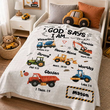 Personalized God Says I Am Construction Fleece Blanket, Christian Bible Verse Throw, Faith Gift for Boys