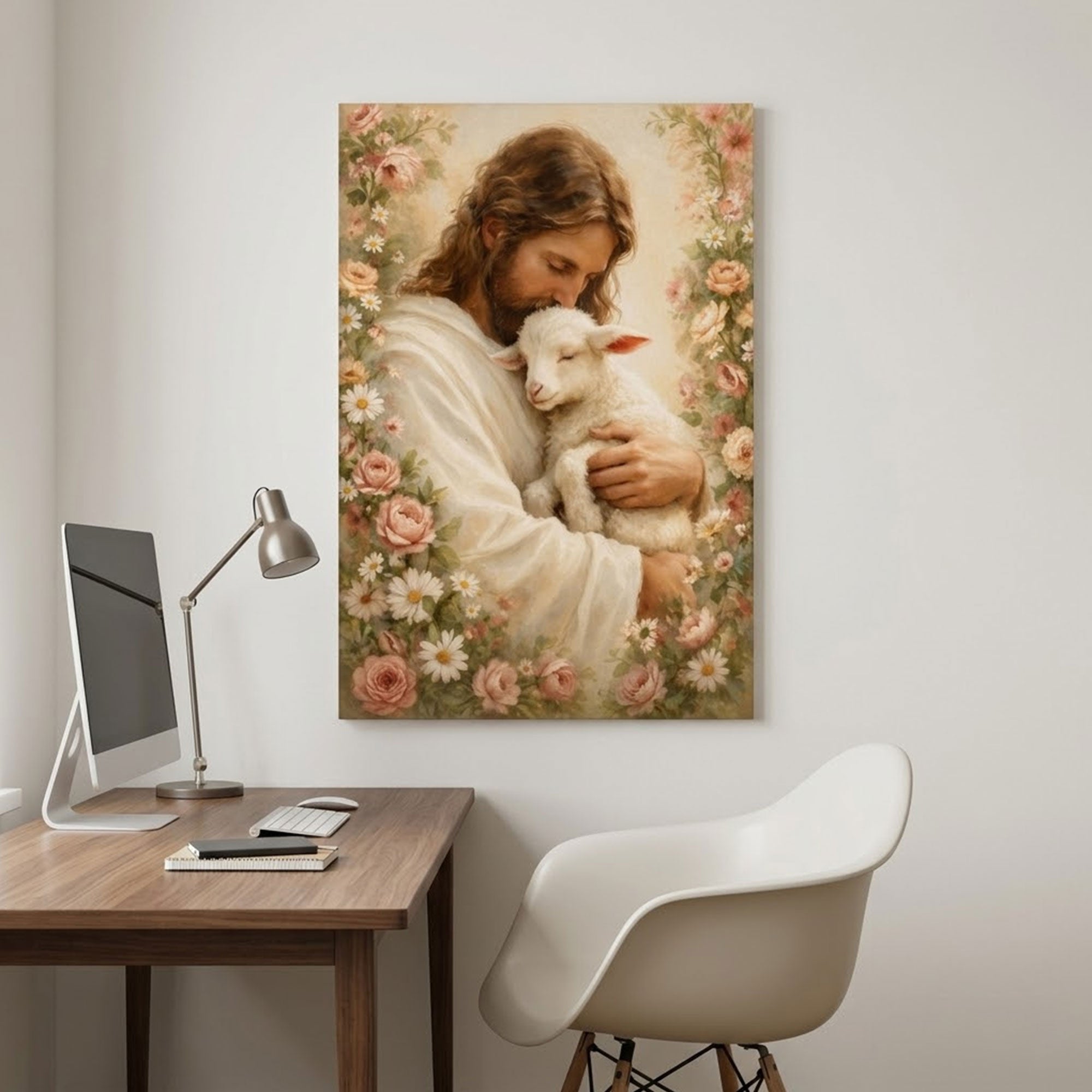 Jesus and Lamb Canvas Print, Good Shepherd Christian Wall Art, Peaceful Faith Home Decor