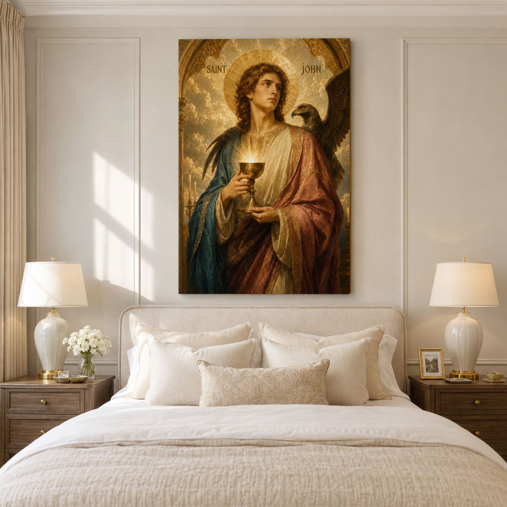 Saint John with Eagle and Glowing Chalice Canvas Print, Catholic Art