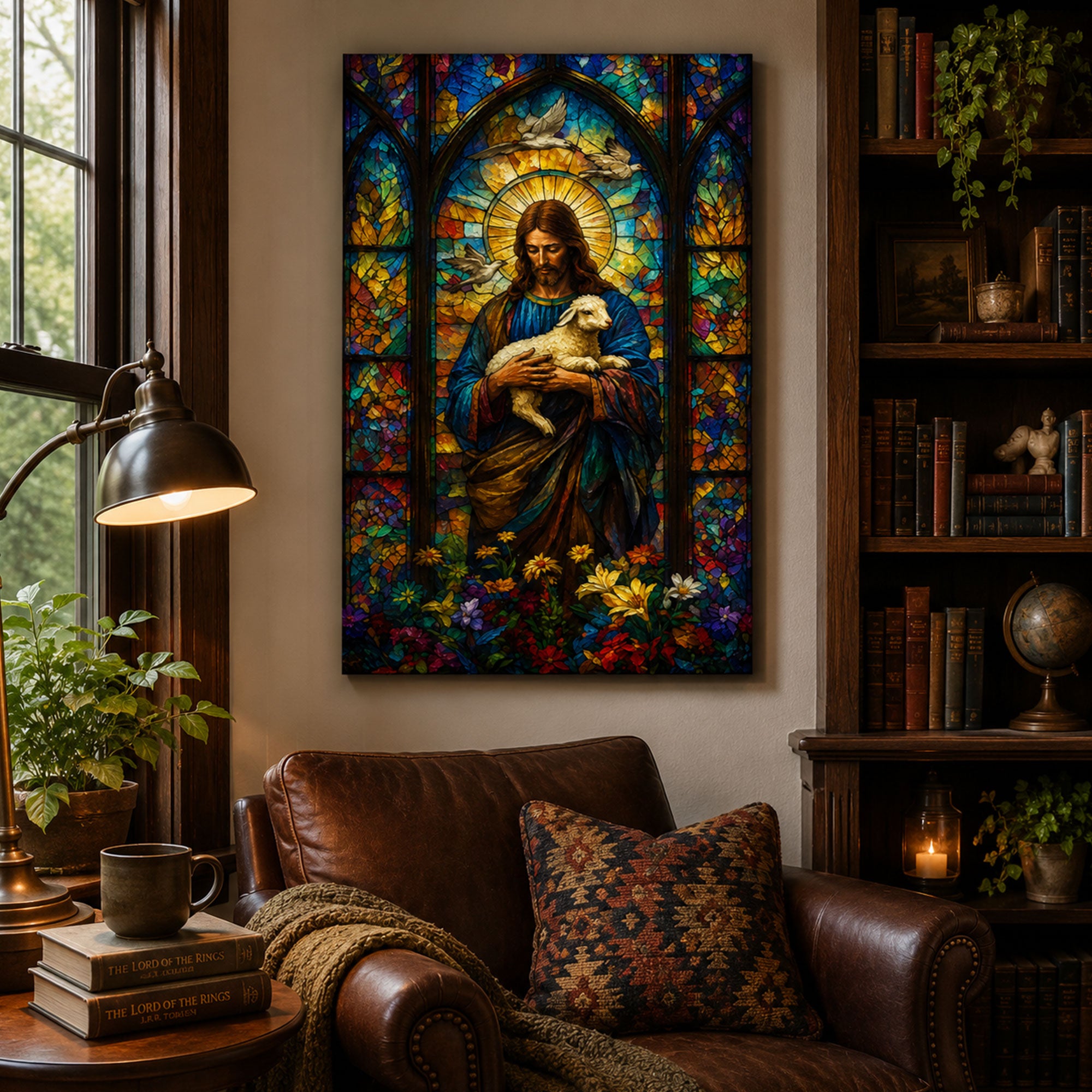 Jesus with Lamb Canvas Print, Stained Glass Christian Wall Art, Faith Home Decor