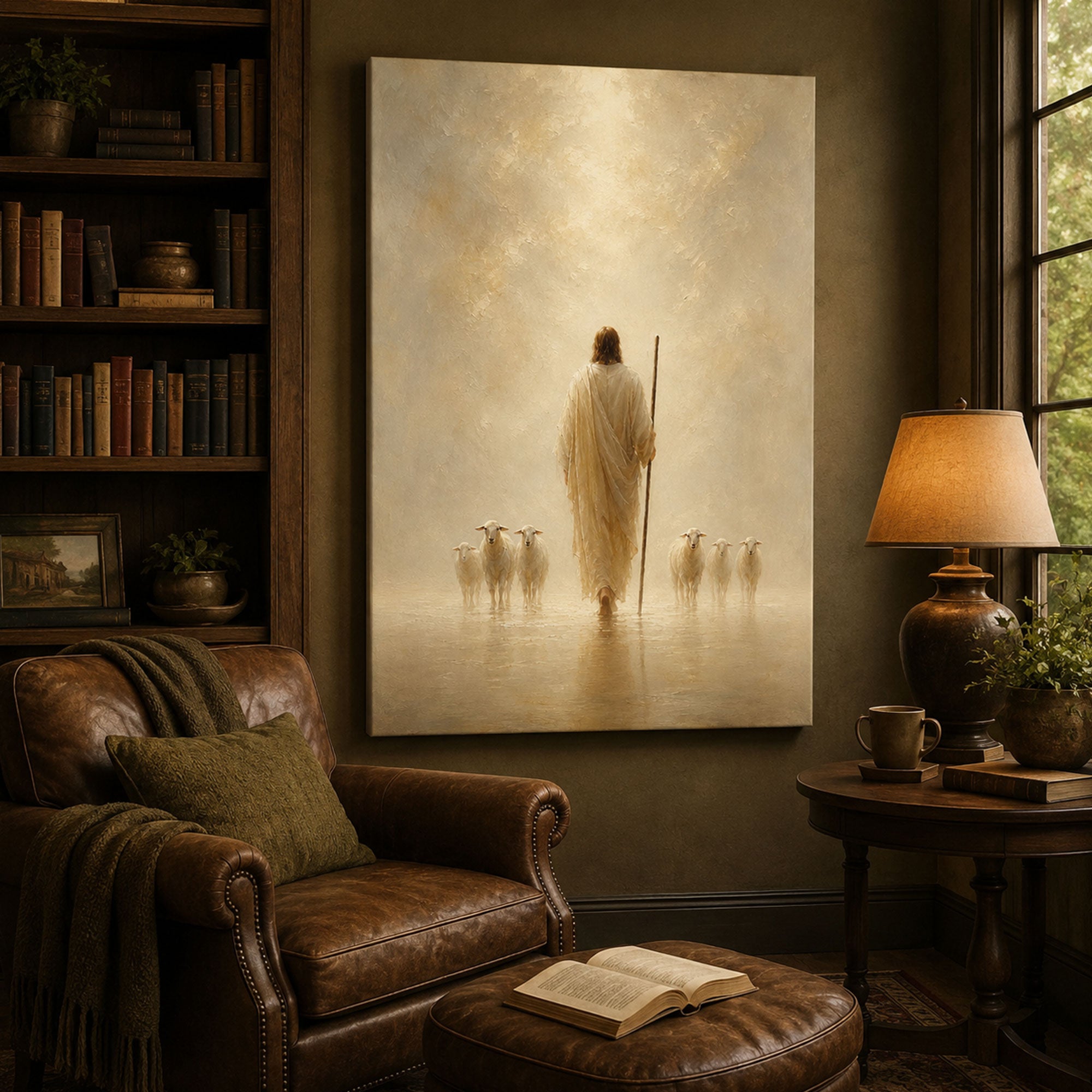 Jesus Shepherd Walking with Sheep Canvas Print, Peaceful Christian Wall Art, Spiritual Faith Home Decor