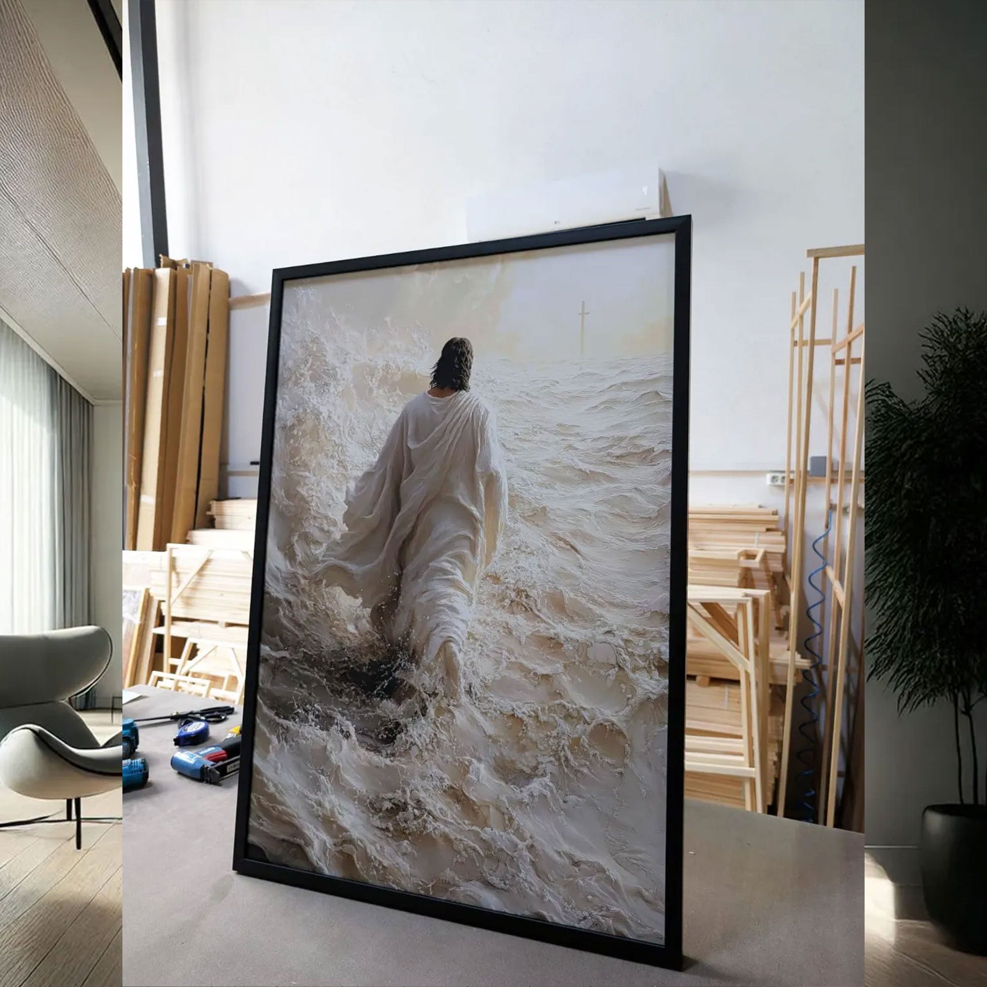 Jesus Walking on Water Canvas Print, Christian Religious Ocean Wall Art, Faith-Based Home Decor, Inspirational Gift