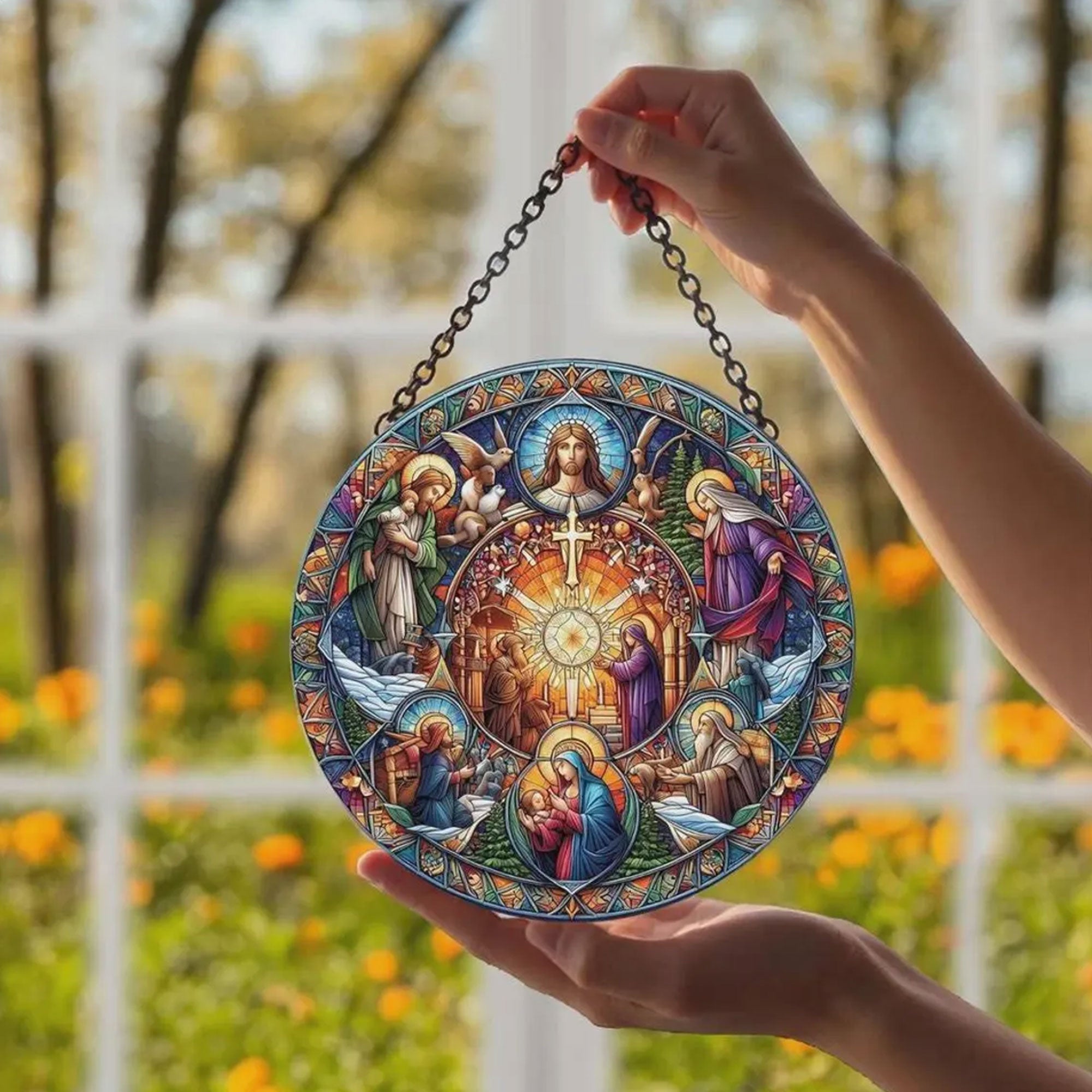 Virgin Mary and Jesus Stained Glass Suncatcher, Catholic Window Hanging Decor, Christian Religious Faith Gift