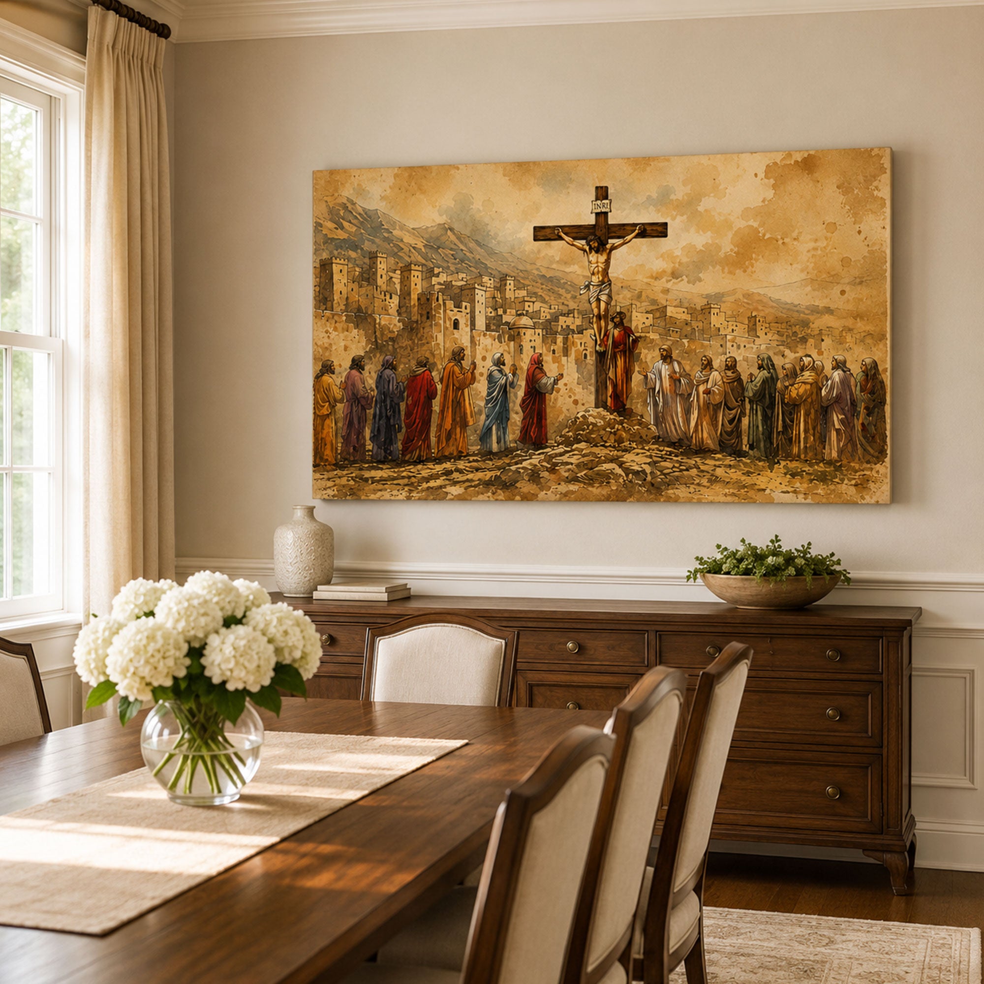 Crucifixion of Jesus Canvas Print, Calvary Scene Catholic Wall Art, Passion of Christ Christian Home Decor