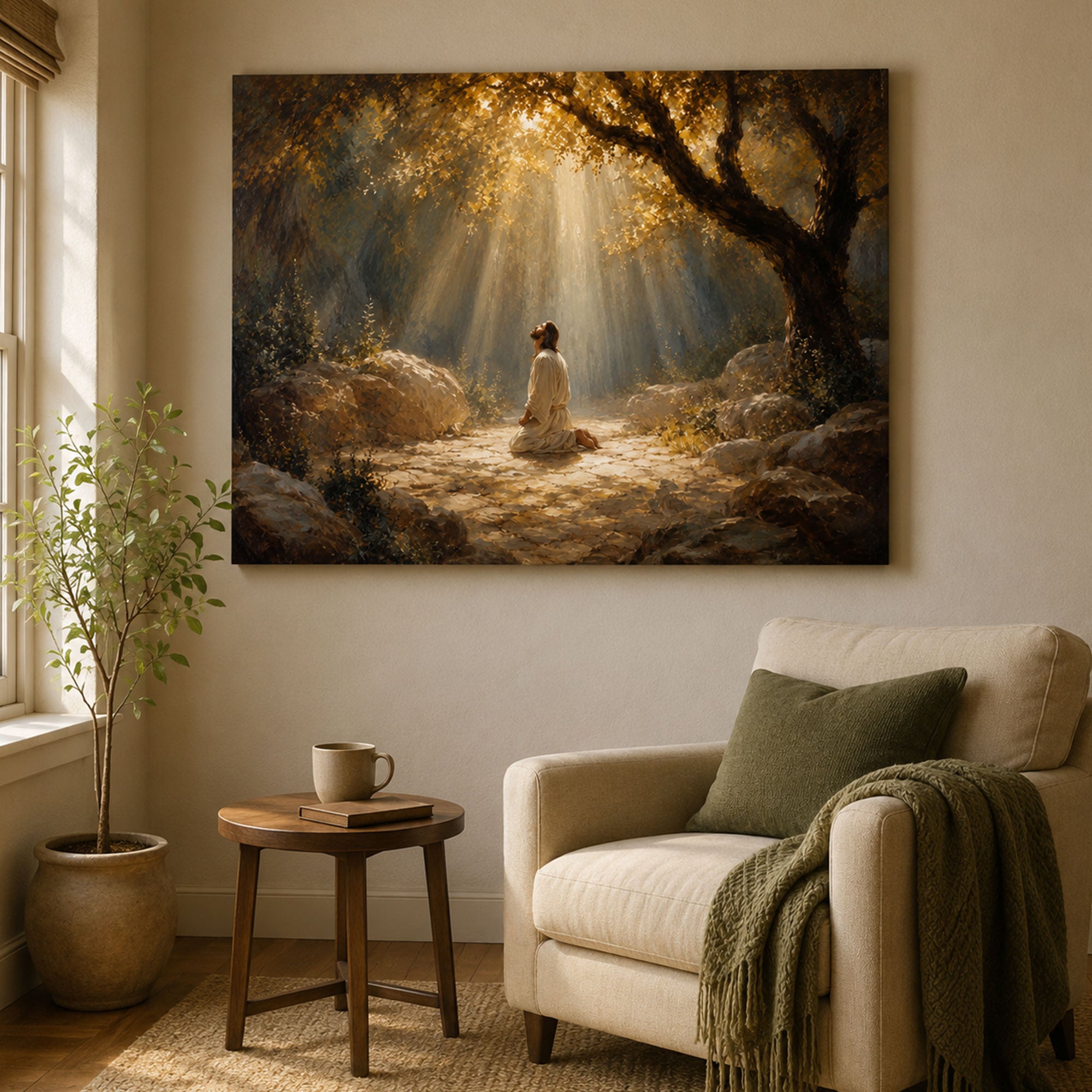 Jesus Praying in Gethsemane Canvas Print, Christian Wall Art, Divine Light Faith Home Decor