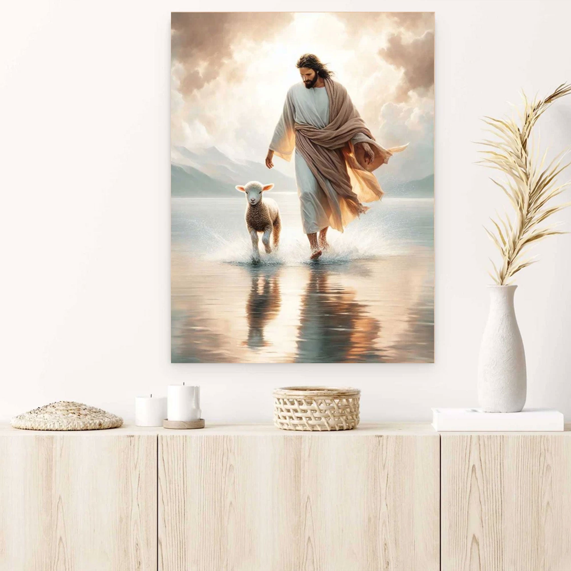 Jesus Walking on Water Canvas Print, Leaves the 99 to Save the Lamb, Christian Wall Art, Faith Miracle Decor