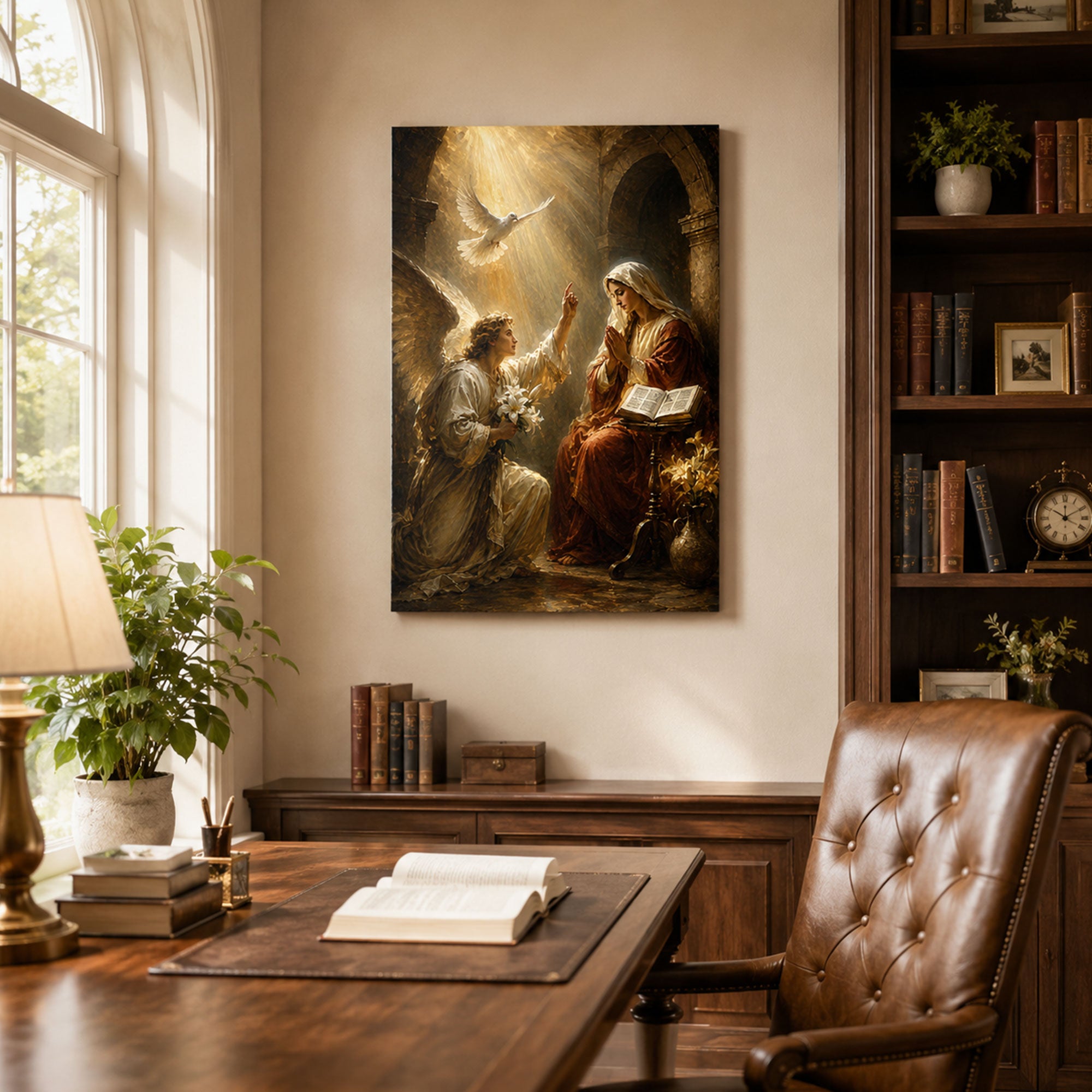 Annunciation with Open Scripture Canvas Print, Golden Catholic Art