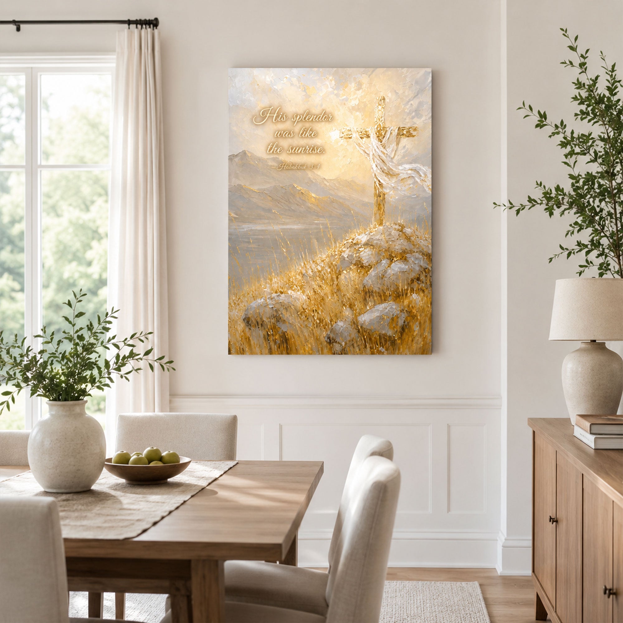 Habakkuk 3:4 Cross Canvas Print, His Splendor Was Like the Sunrise, Christian Wall Decor