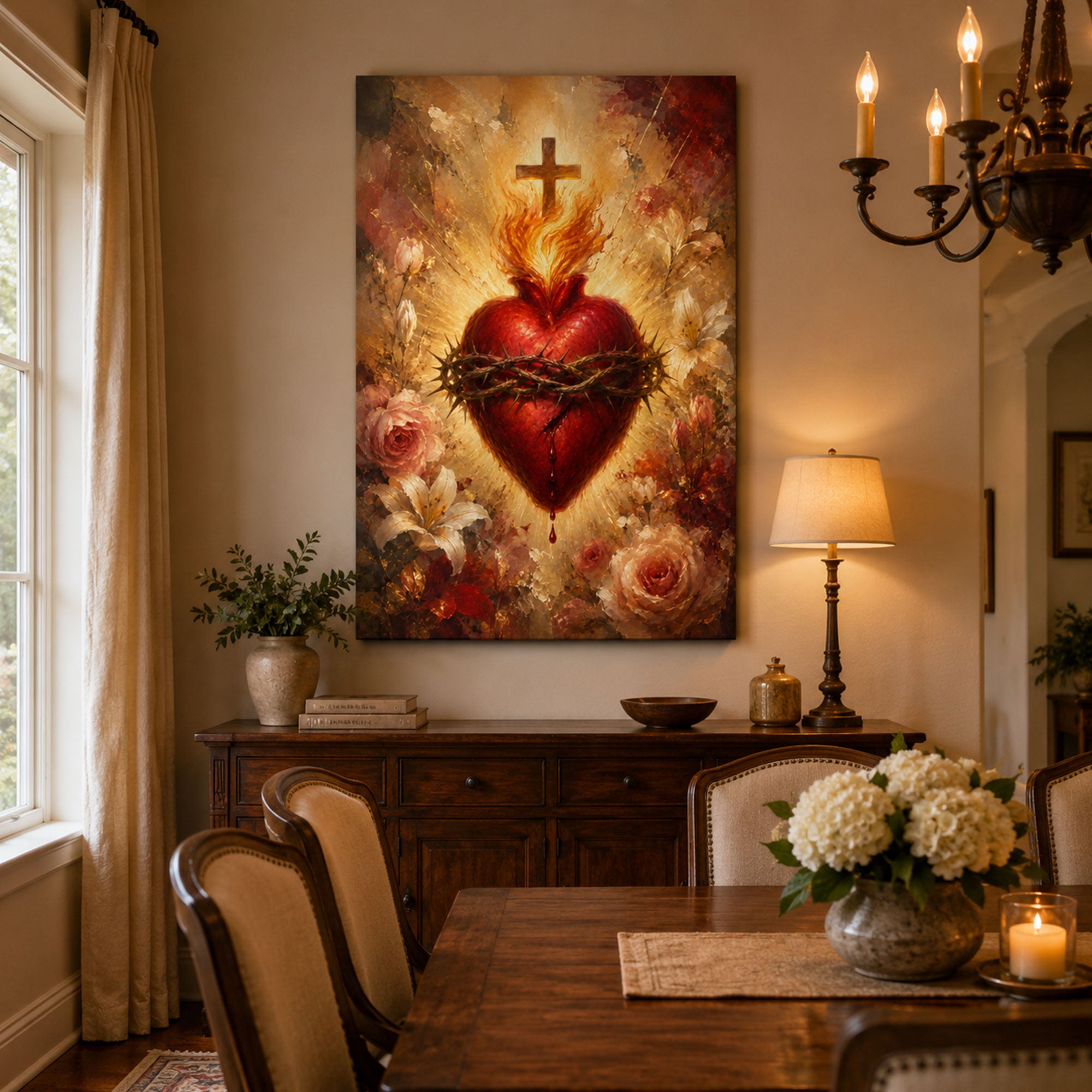 Sacred Heart of Jesus Canvas Print, Flaming Heart with Crown of Thorns Catholic Wall Art, Christian Religious Home Decor Gift