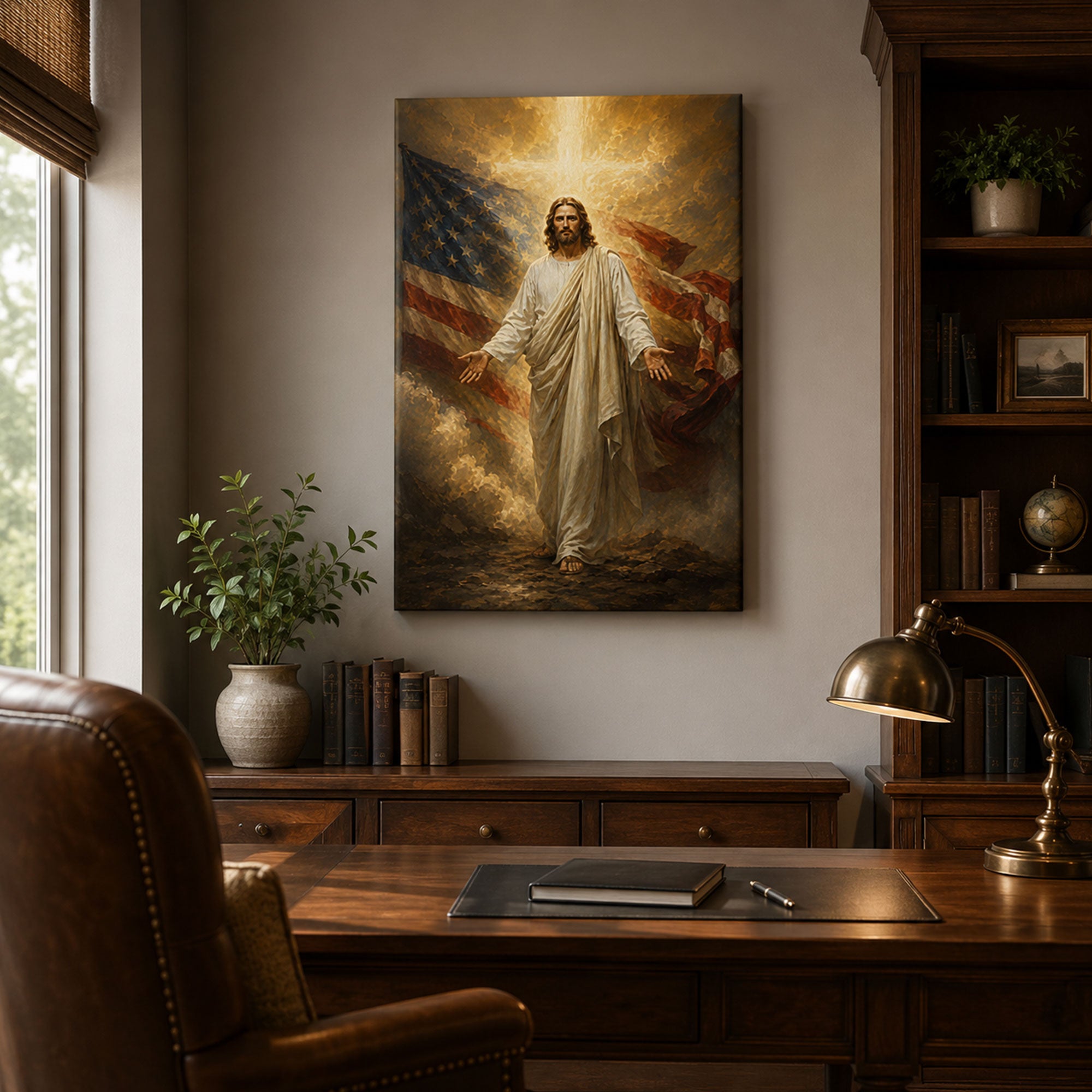 Jesus with American Flag Canvas Print, One Nation Under God Christian Wall Art, Faith Home Decor Gift