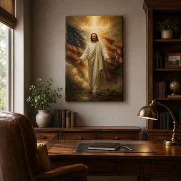 Jesus with American Flag Canvas Print, One Nation Under God Christian Wall Art, Faith Home Decor Gift
