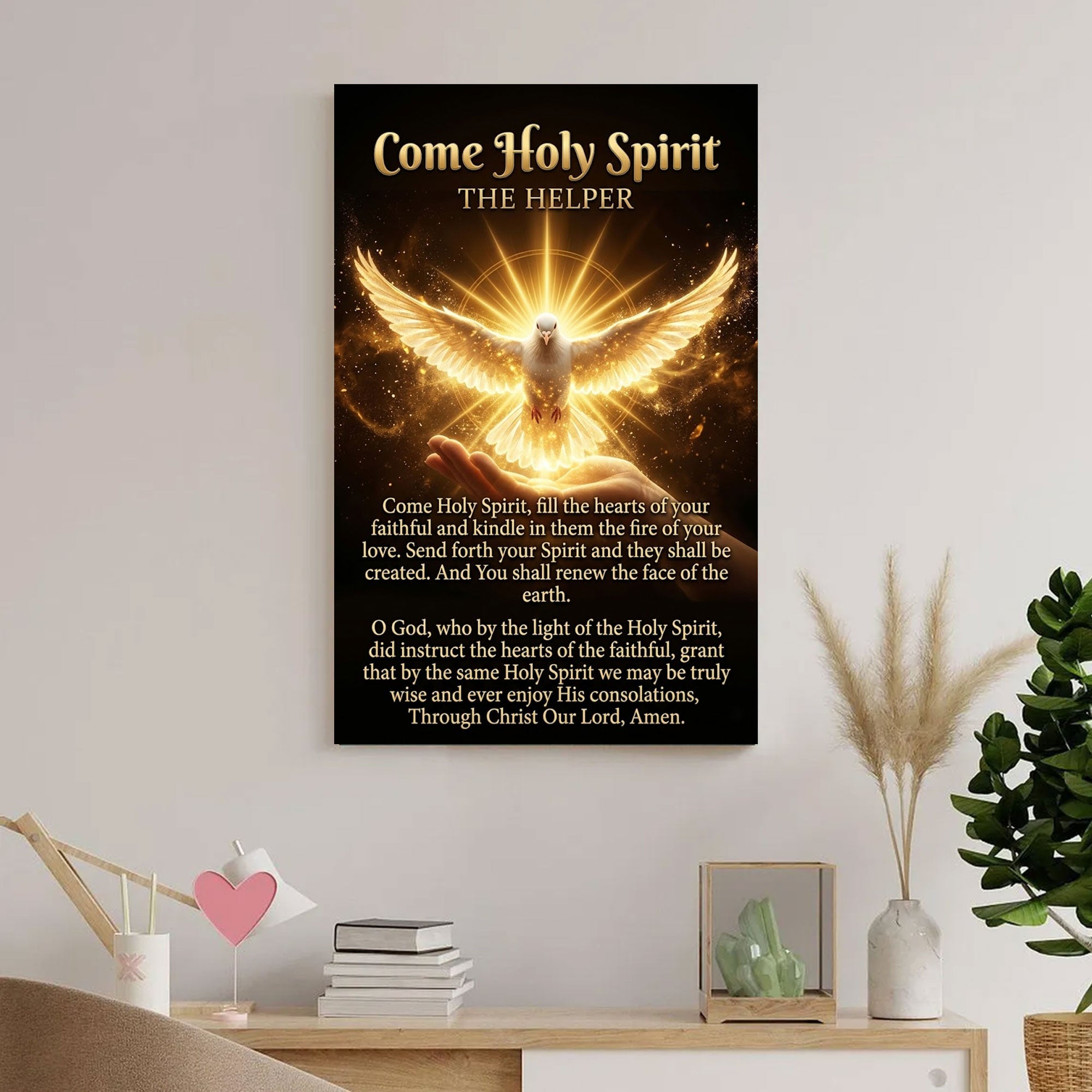 Come Holy Spirit Canvas Print, The Helper Prayer Wall Art, Catholic Holy Spirit Dove, Pentecost Fire Christian Decor, Inspirational Faith Gift
