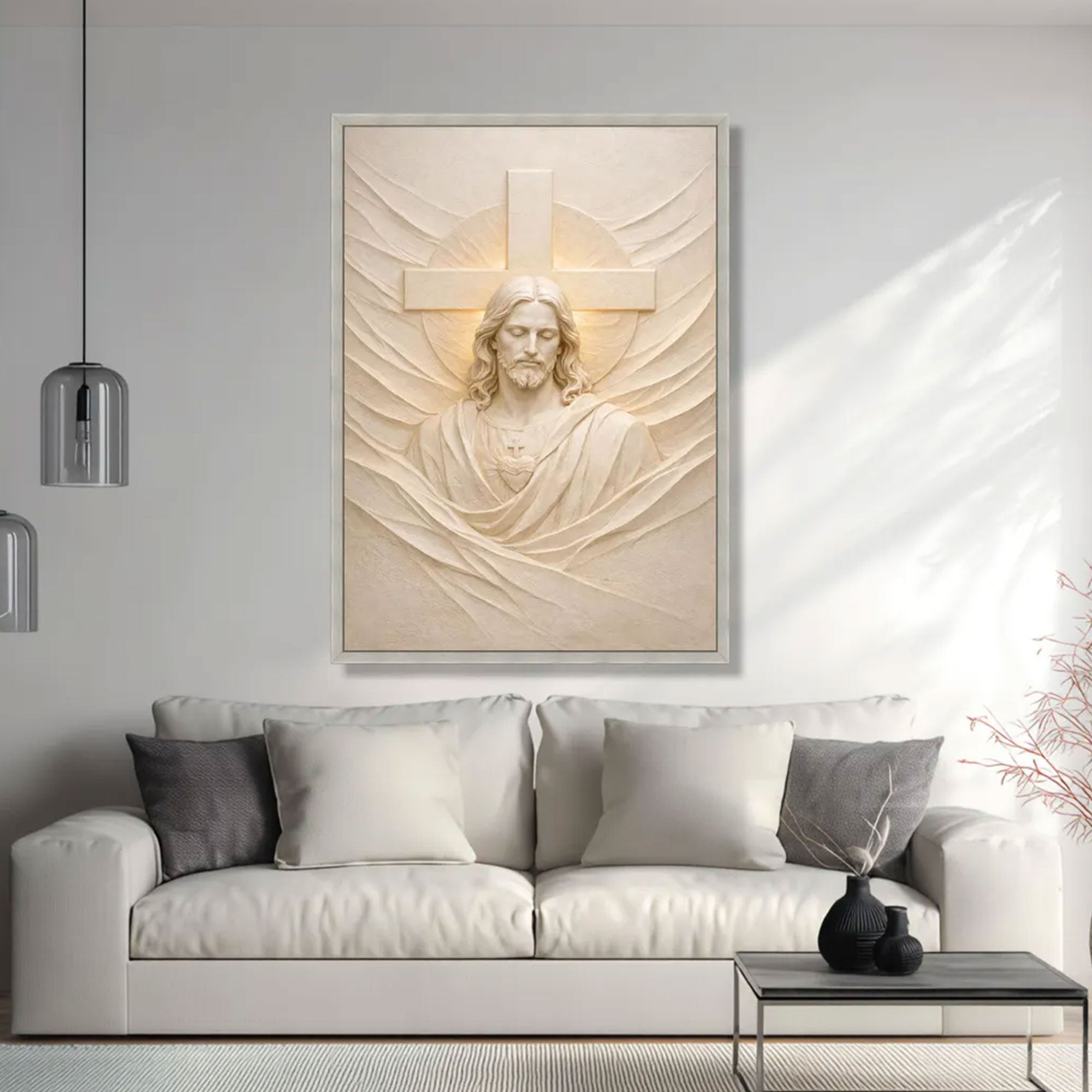 Sacred Heart of Jesus Canvas Wall Art, Christian Relief Sculpture, Catholic Religious Home Decor