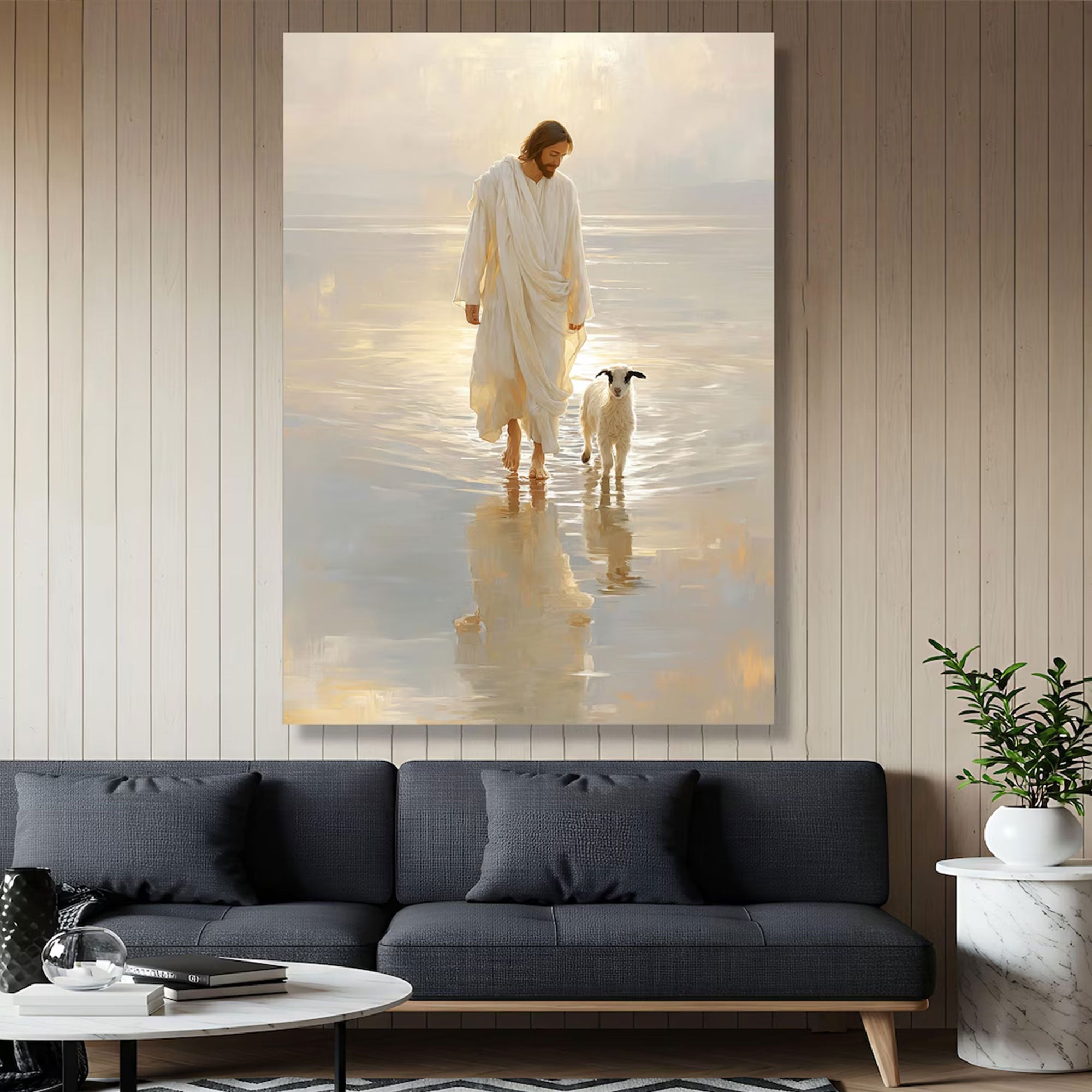 Jesus Walking with Lamb Canvas Print, Peaceful Christian Wall Art, Spiritual Faith Home Decor
