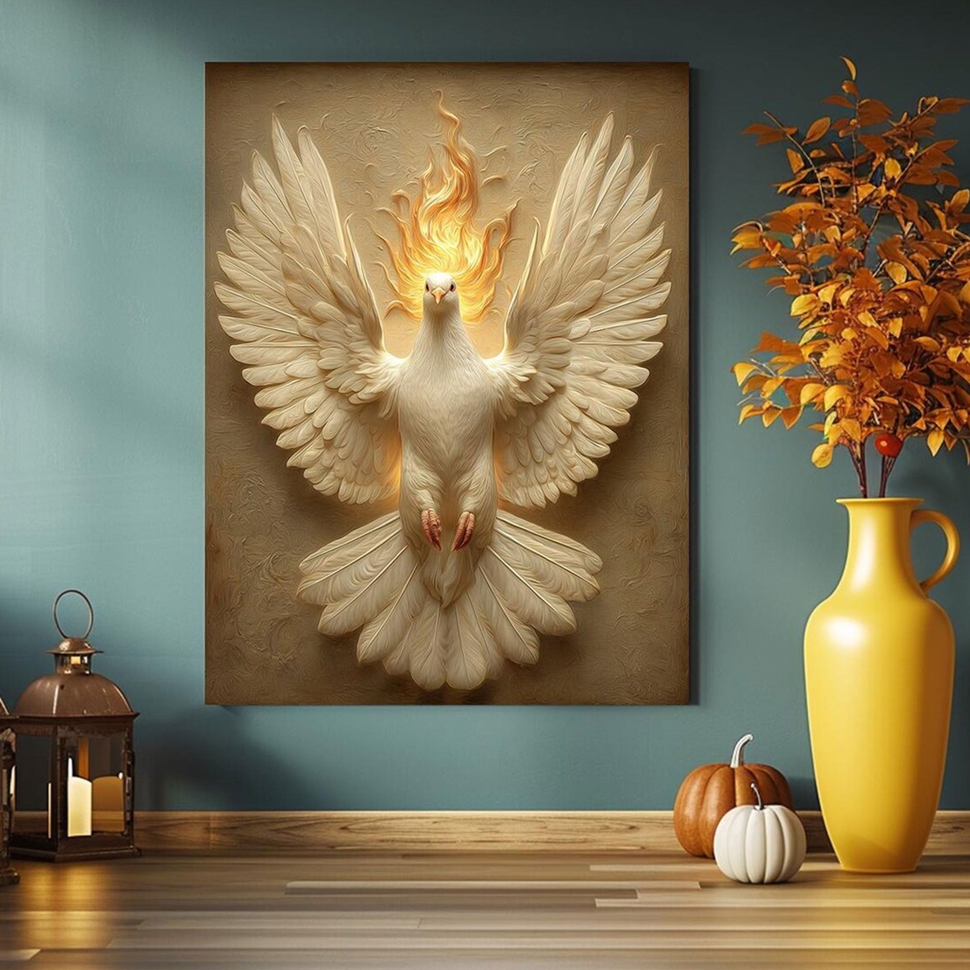 Holy Spirit Dove Canvas Print, Pentecost Fire Christian Wall Art, Symbol of Divine Presence and Power, Religious Faith Decor, Inspirational Spiritual Gift