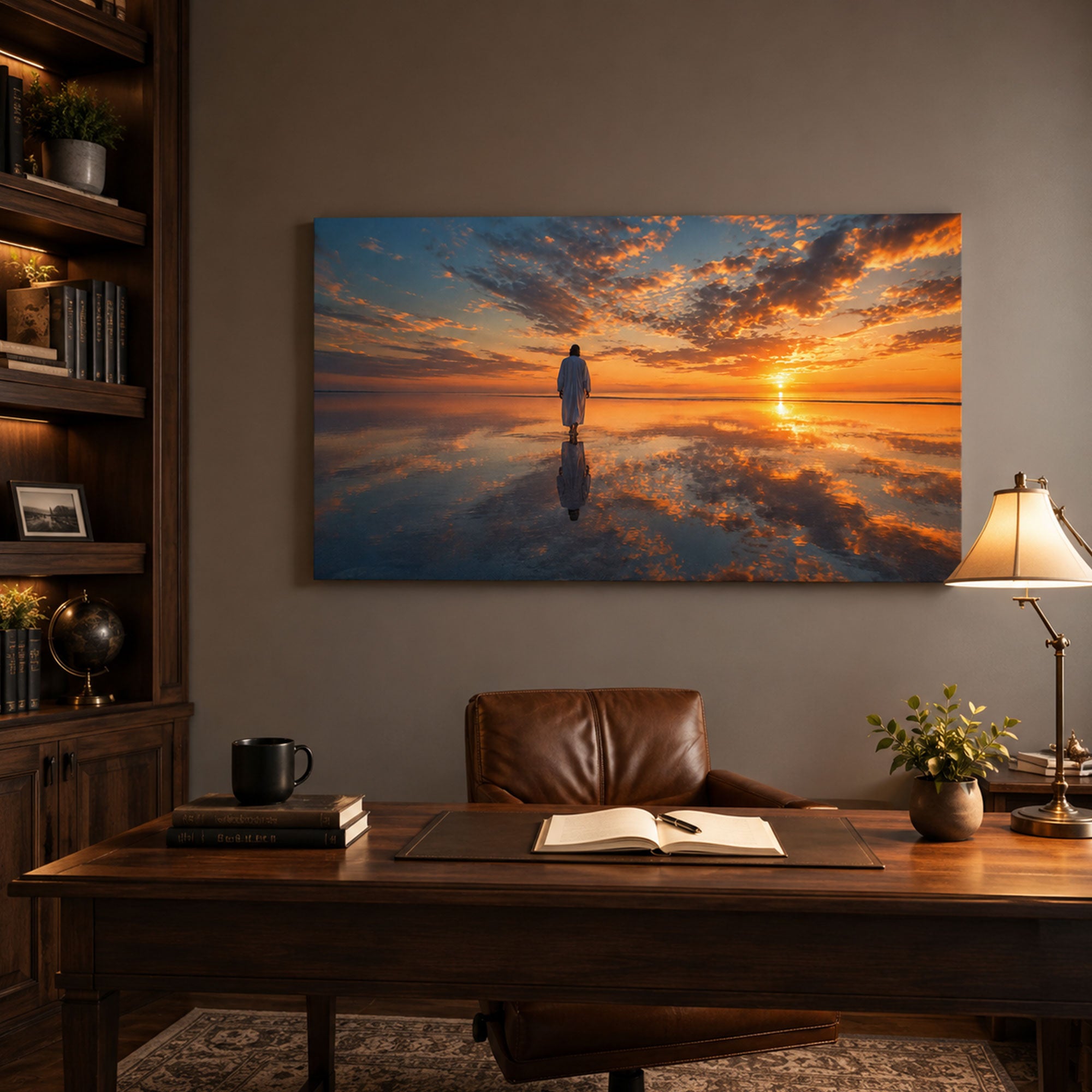 Jesus Walking on Water Sunset Canvas Print, Panoramic Christian Seascape Wall Art, Faith Home Decor Gift