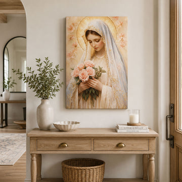 Virgin Mary with Roses Canvas Print, Catholic Wall Decor, Marian Faith Gift
