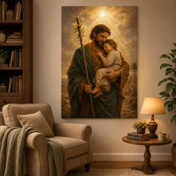 Saint Joseph with Child Jesus Canvas Print, Catholic Wall Art, Fatherly Love Christian Home Decor