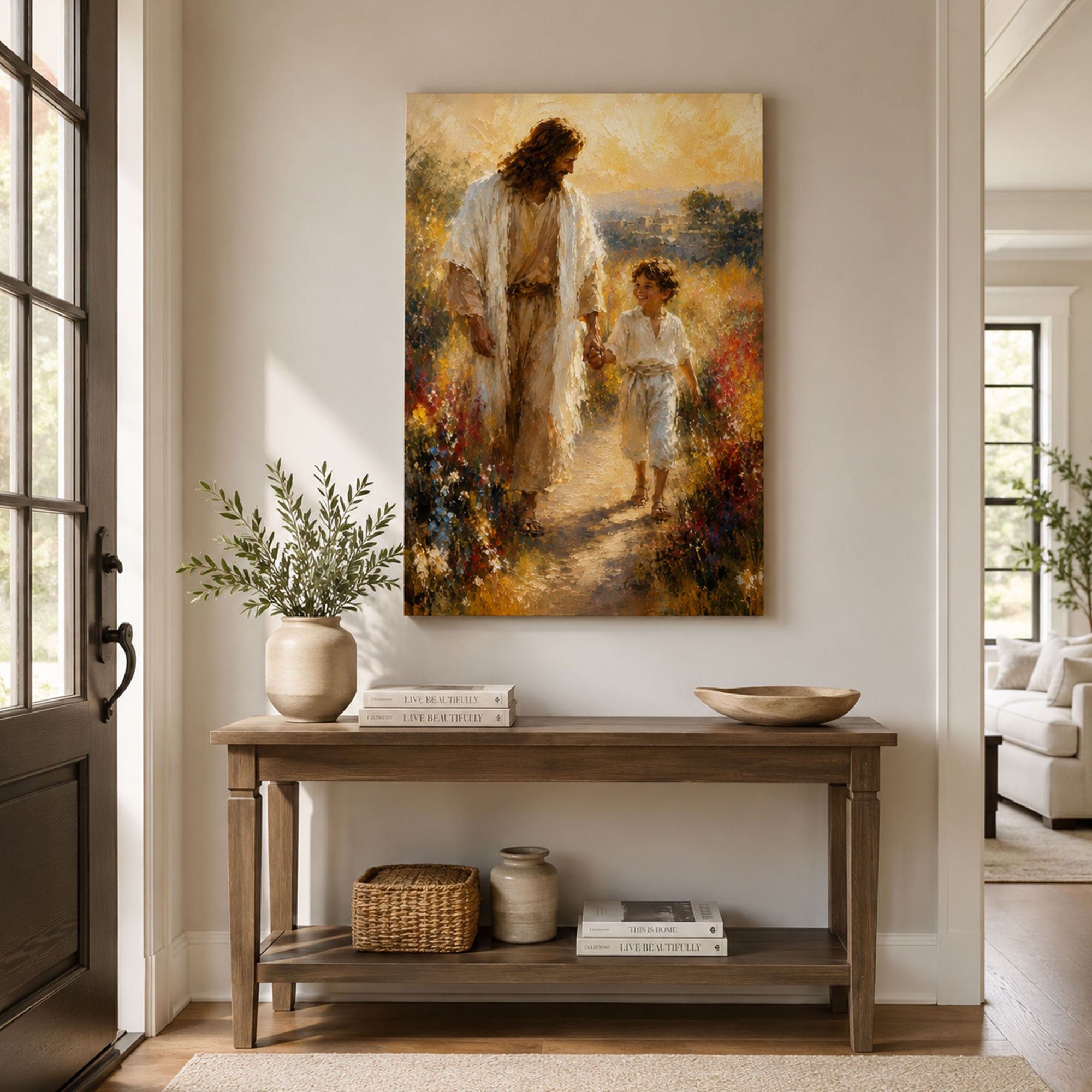 Jesus Walking with a Child Canvas Print, Christian Home Decor